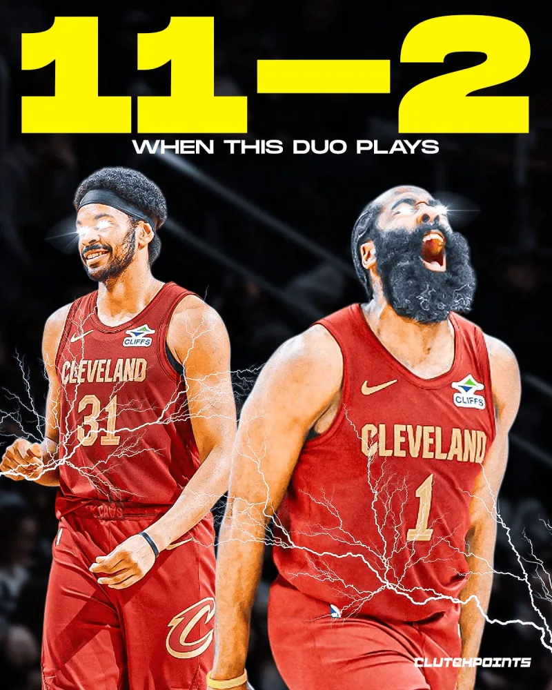 美媒ClutchPoints分享数据：本赛季哈登和阿伦同时出战时，骑士战绩11胜