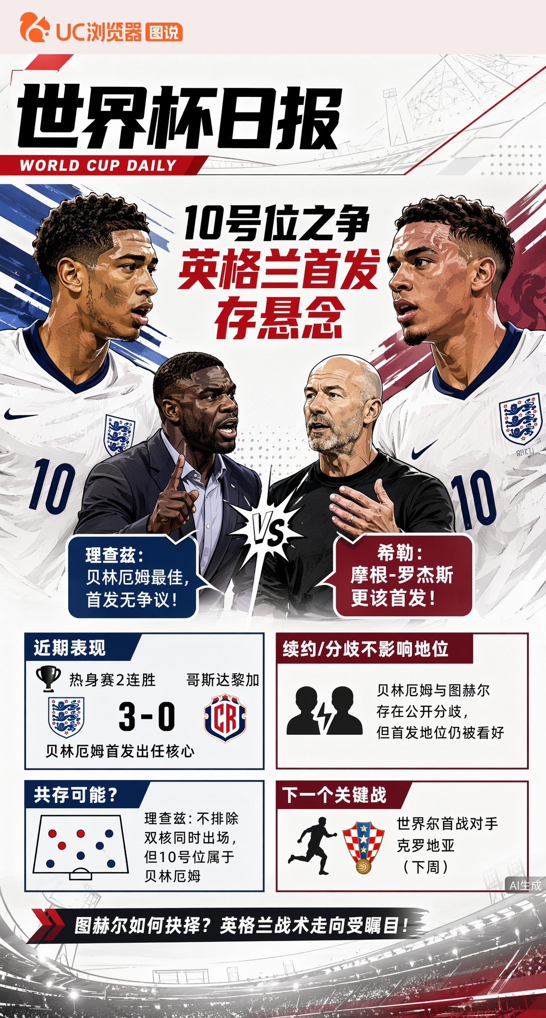 希勒力挺摩根-罗杰斯顶替贝林厄姆！英格兰10号位首发存悬念