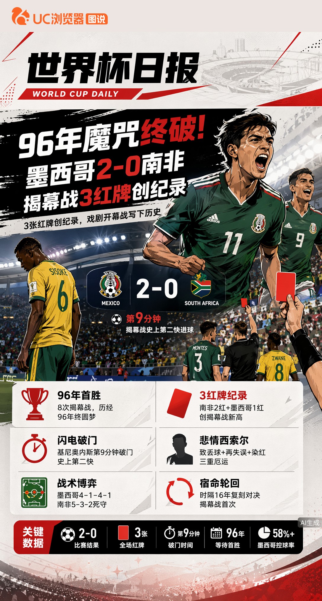96年魔咒终破！墨西哥2-0南非，揭幕战3红牌创纪录