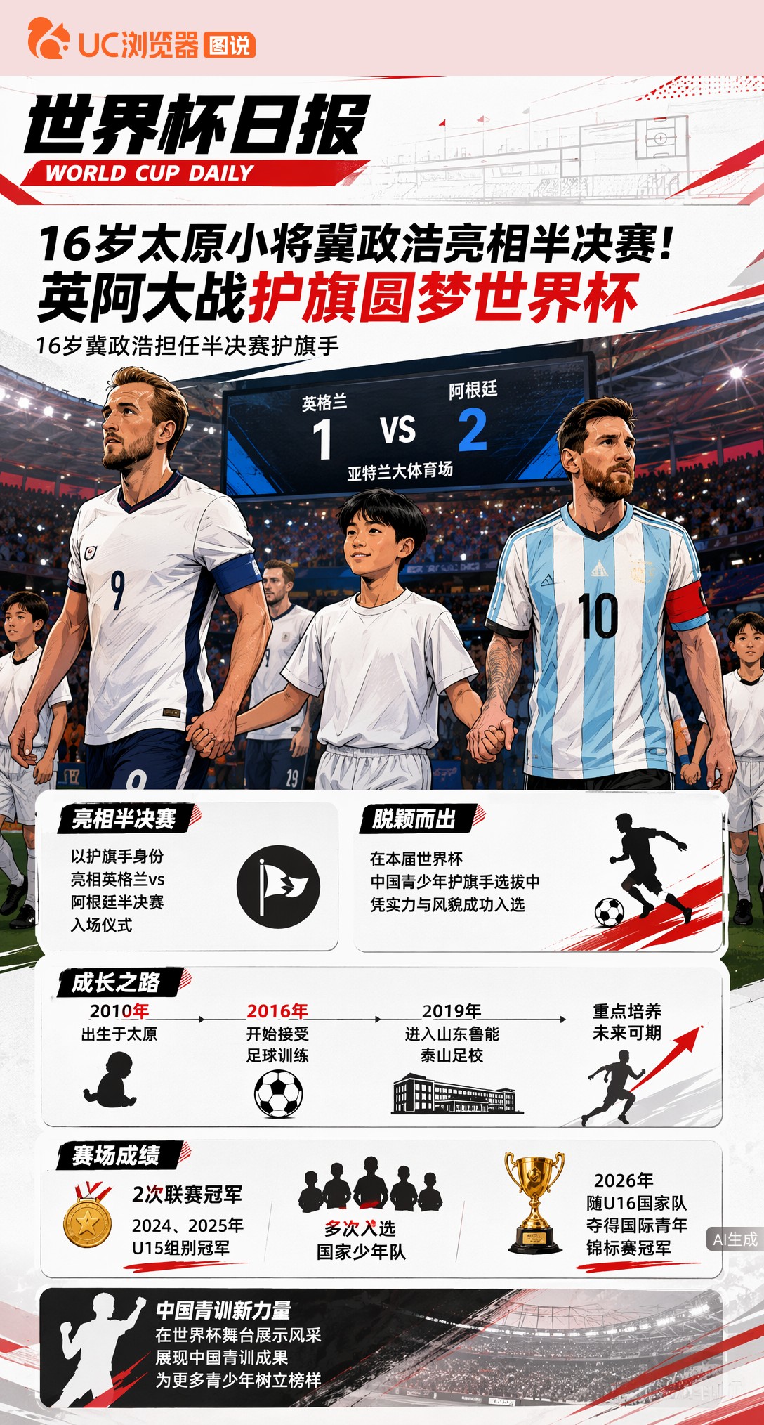 16岁太原小将冀政浩亮相半决赛！英阿大战护旗圆梦世界杯