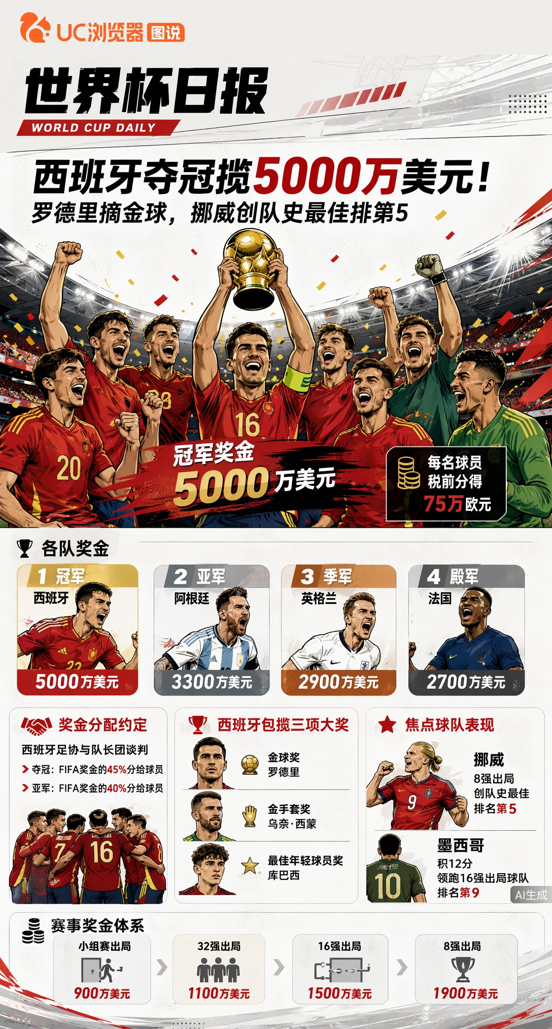 西班牙夺冠揽5000万美元！罗德里摘金球，挪威创队史最佳排第5