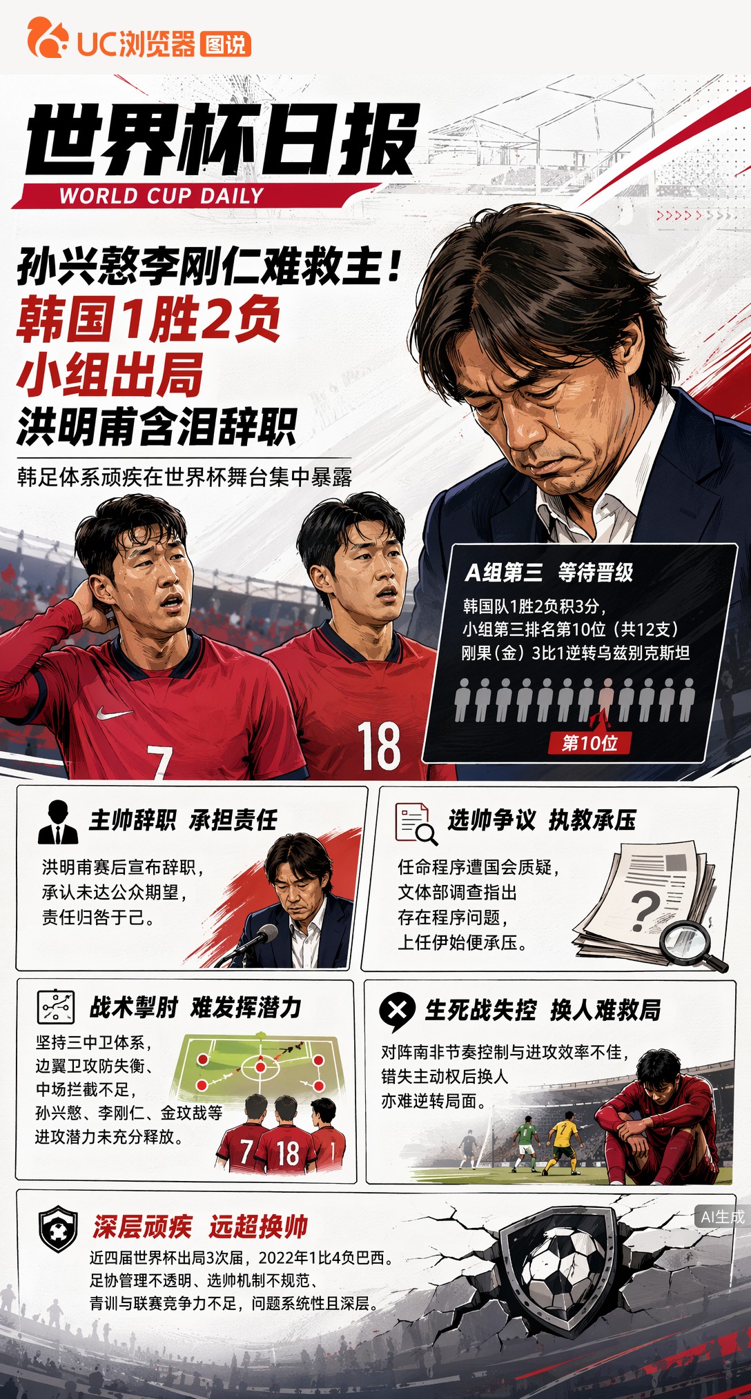 孙兴慜李刚仁难救主！韩国1胜2负小组出局，洪明甫含泪辞职