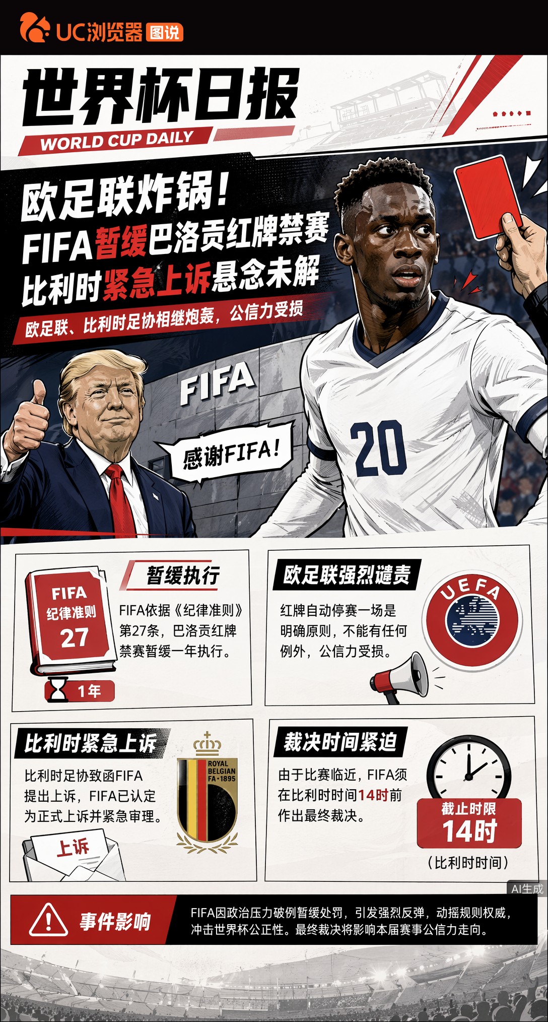 欧足联炸锅！FIFA暂缓巴洛贡红牌禁赛，比利时紧急上诉悬念未解