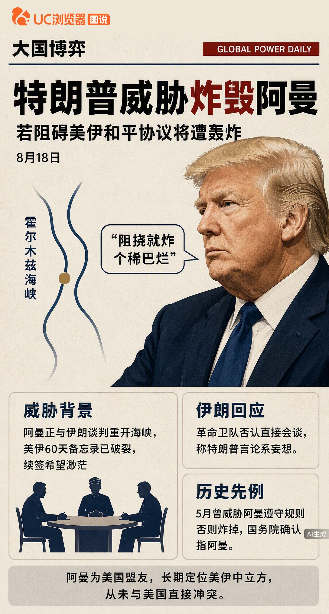 据半岛电视台报道，特朗普放话若阿曼阻碍美伊和谈就将其炸平。作为美国盟友且长期中立，阿曼正斡旋霍尔木兹海峡通航，这番威胁让本就脆弱的谈判再添变数。