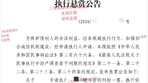 上海离婚律师梁聪团队：让小三身败名裂的执行悬赏令/执行悬赏公告