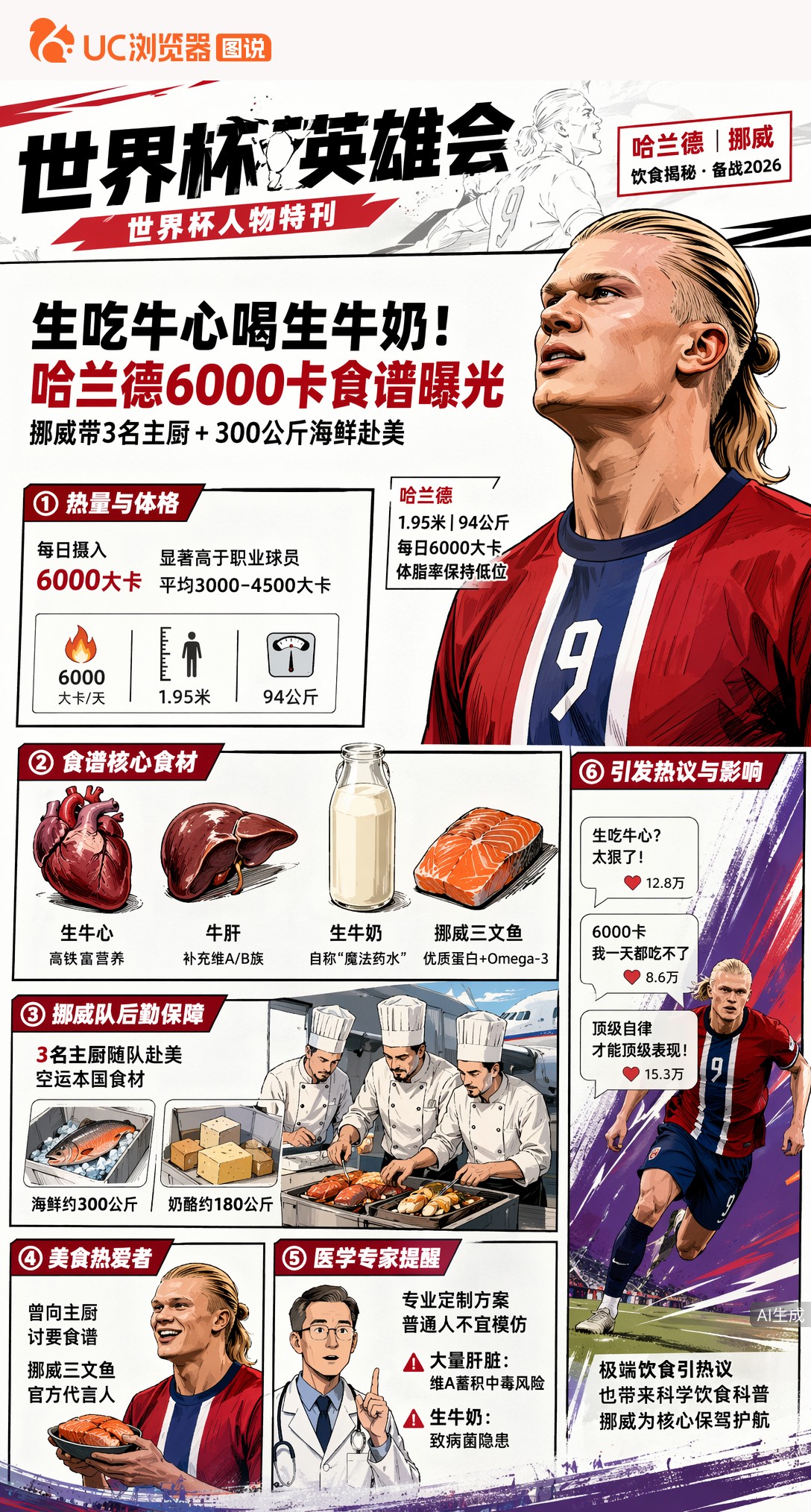 生吃牛心喝生牛奶！哈兰德6000卡食谱曝光，挪威带3名主厨赴美