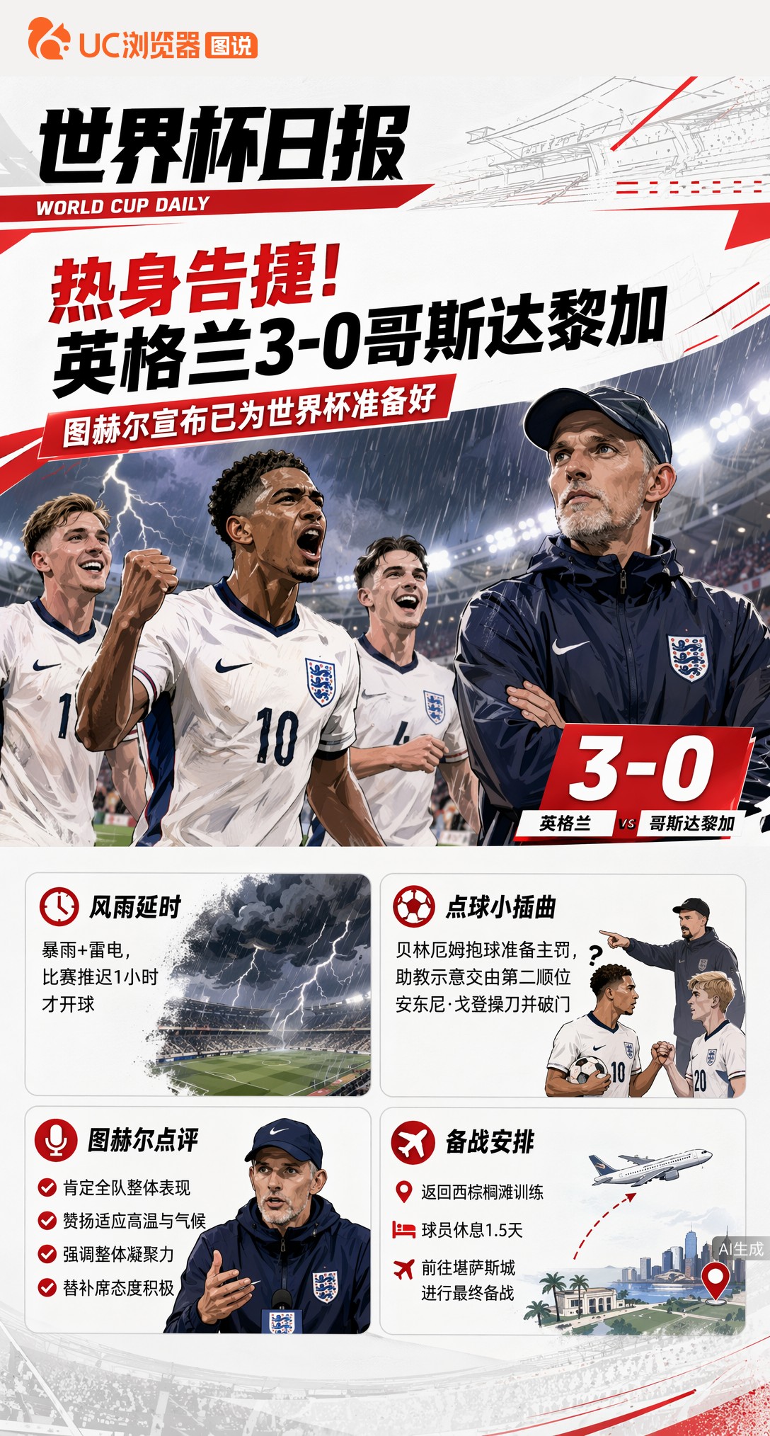 热身告捷！英格兰3-0哥斯达黎加，图赫尔宣布已为世界杯准备好