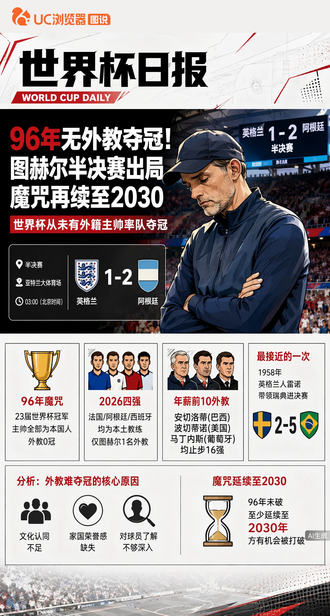96年无外教夺冠！图赫尔半决赛出局，魔咒再续至2030