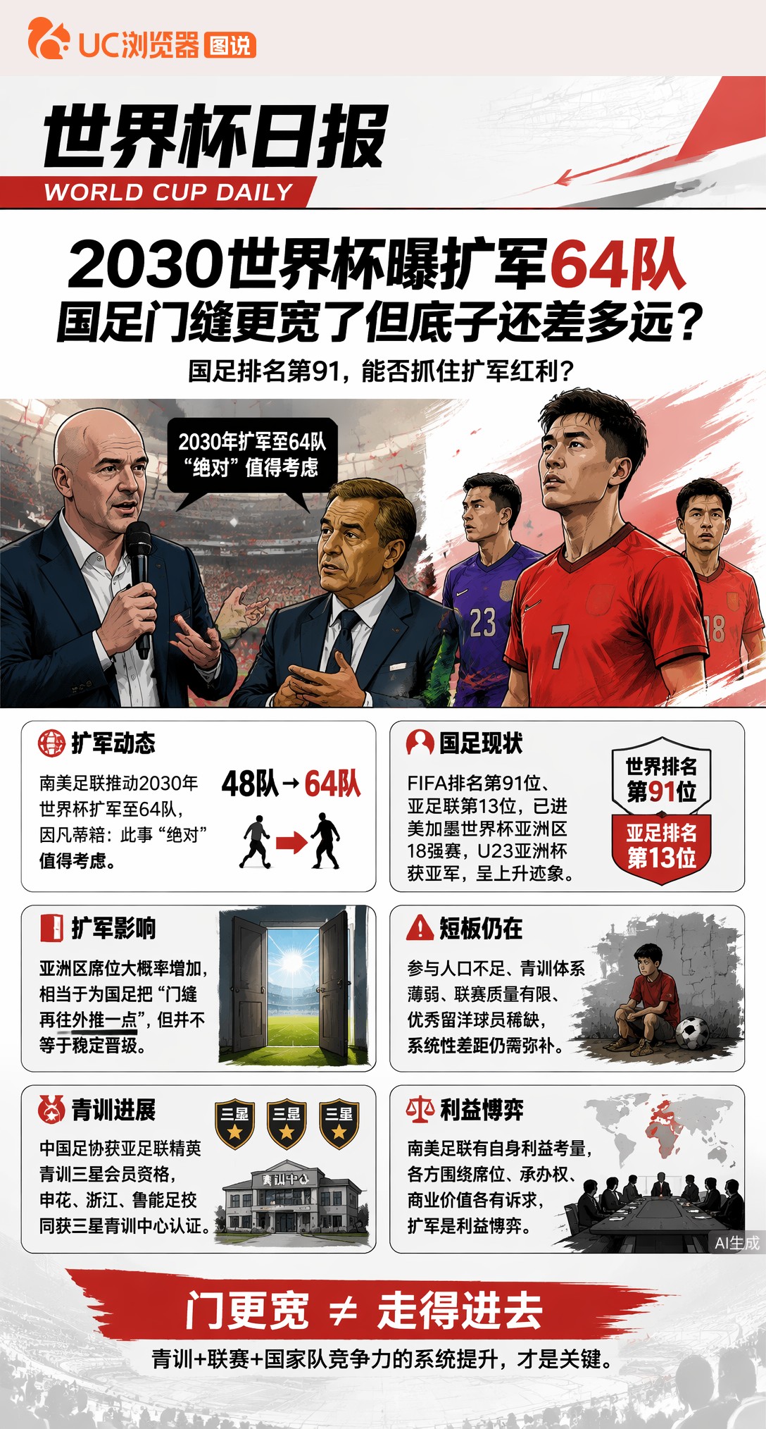 2030世界杯曝扩军64队，国足门缝更宽了但底子还差多远？