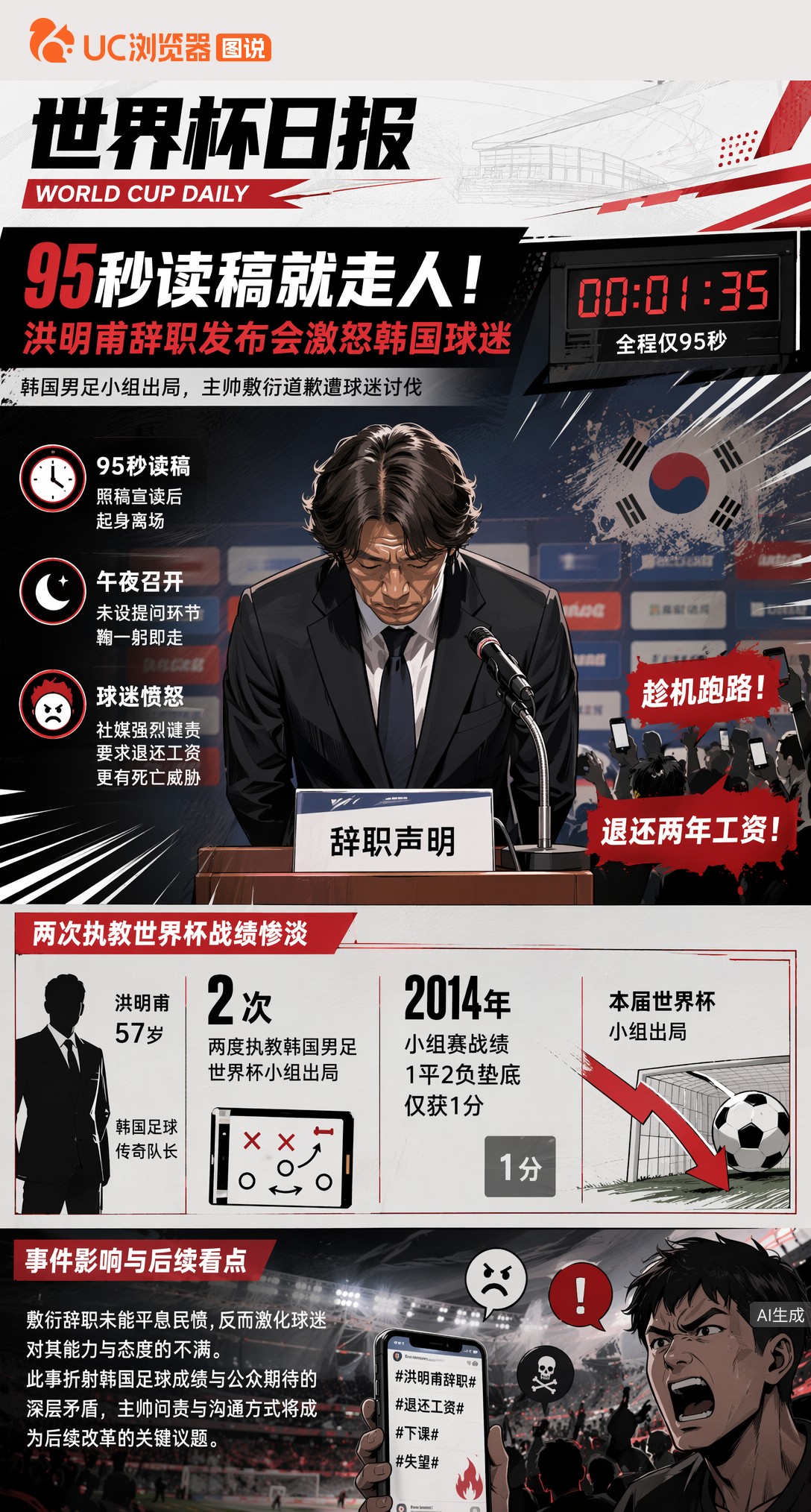 95秒读稿就走人！洪明甫辞职发布会激怒韩国球迷