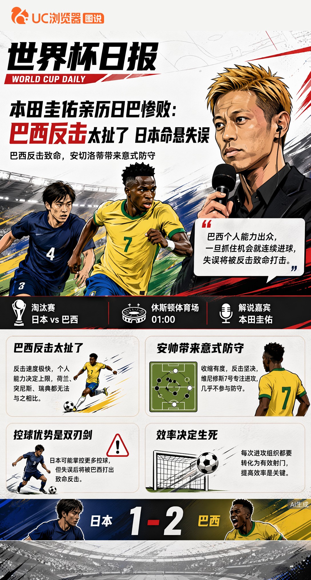 本田圭佑亲历日巴惨败：巴西反击太扯了，日本命悬失误