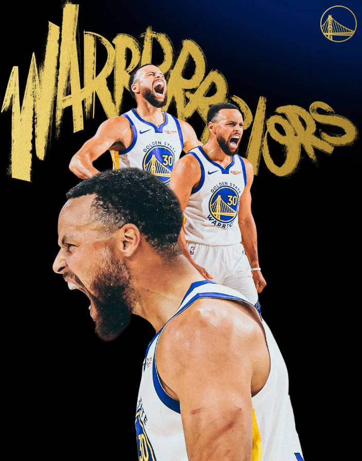 NBA附加赛，勇士对阵太阳的比赛即将开始。
勇士官方分享库里赛场呐喊海报，并配文