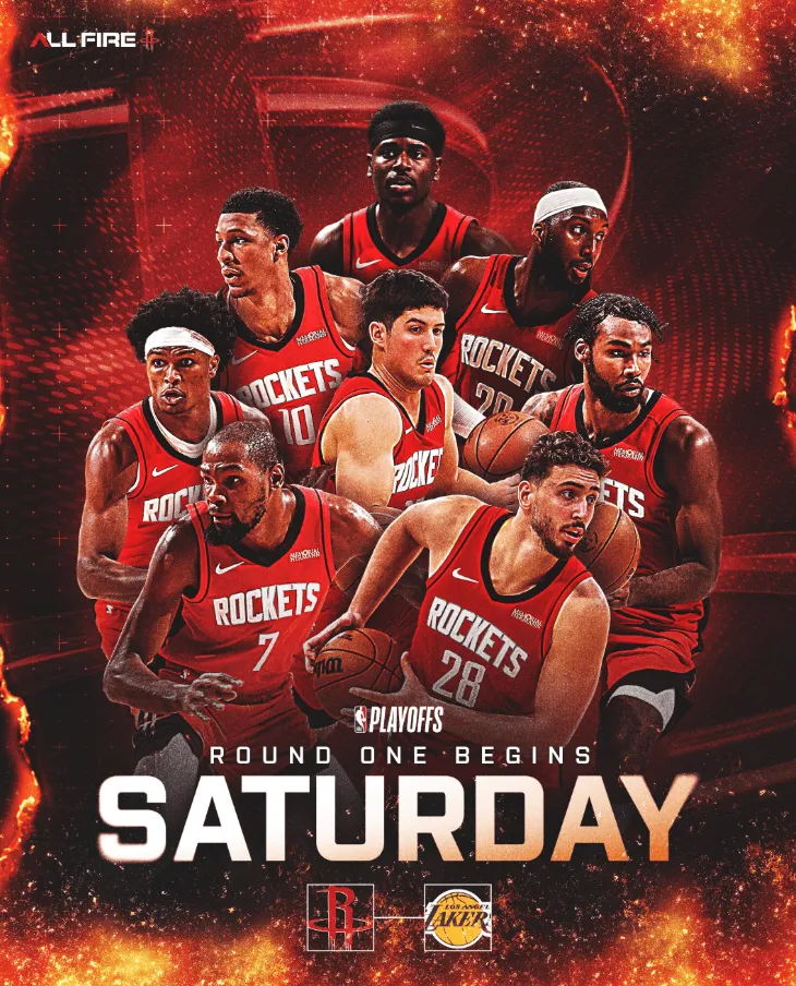 今日，火箭官方社媒发布季后赛首轮对决的预热海报，并配文：

“火箭对阵湖人的季后