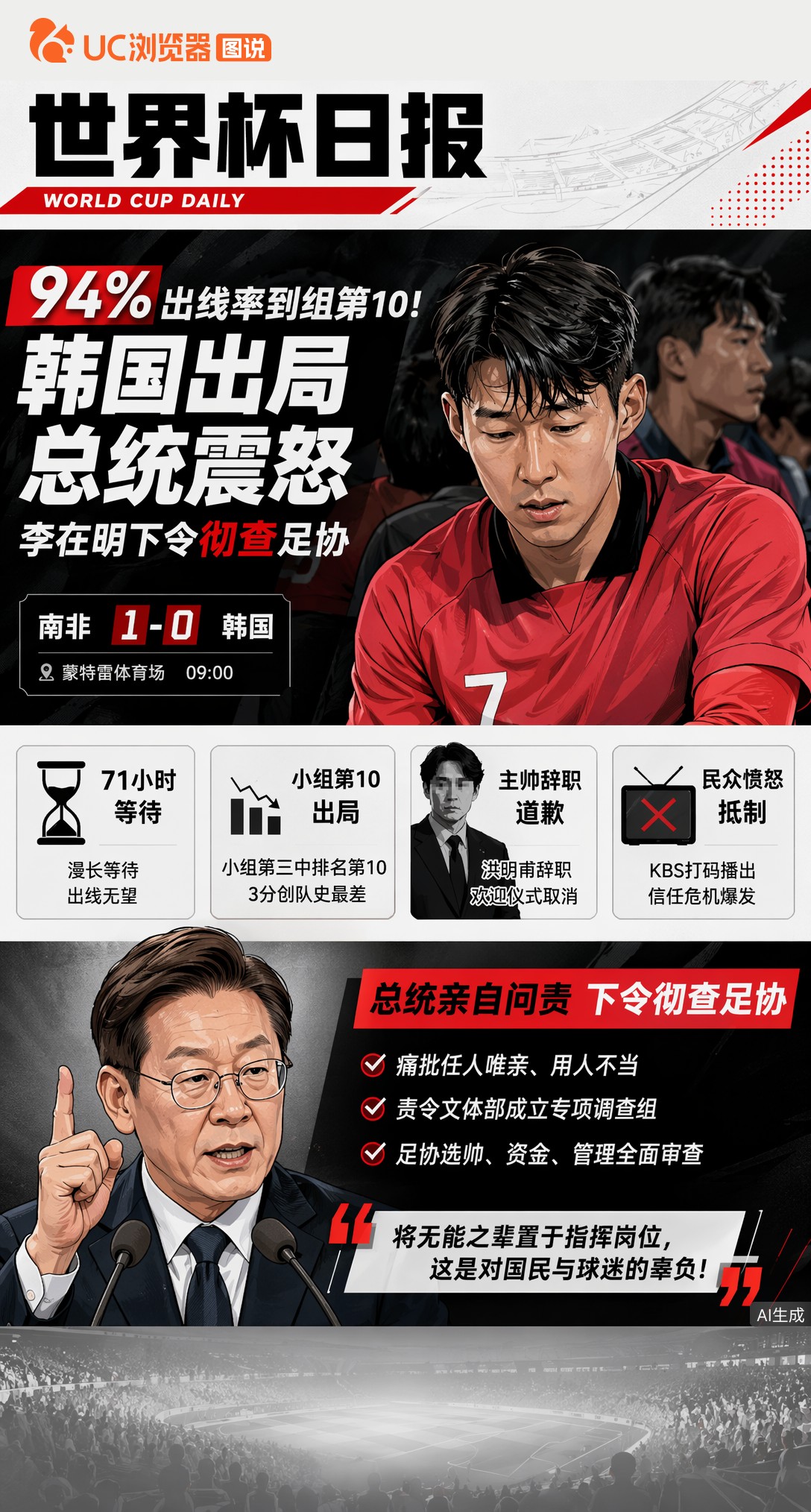 94%出线率到组第10！韩国出局总统震怒，李在明下令彻查足协