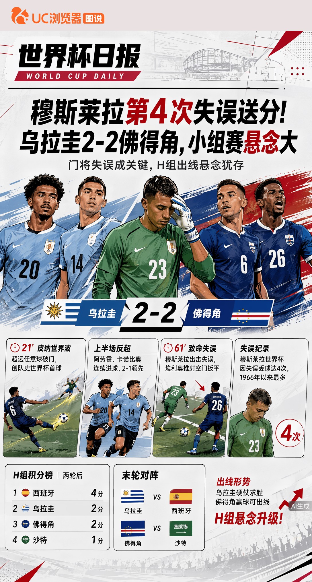 穆斯莱拉第4次失误送分！乌拉圭2-2佛得角，小组赛悬念大