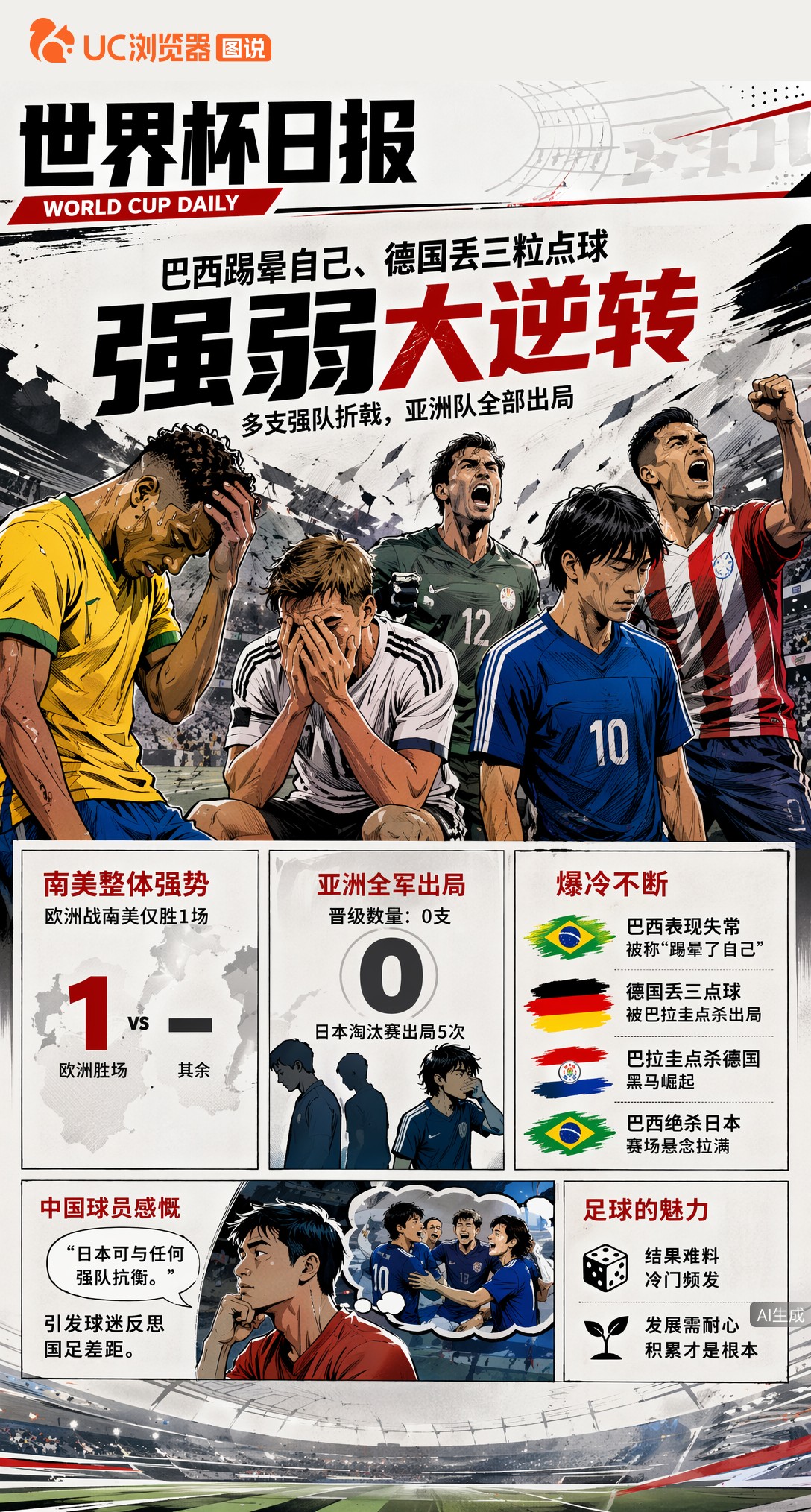 巴西踢晕自己、德国丢三粒点球，世界杯强弱大逆转