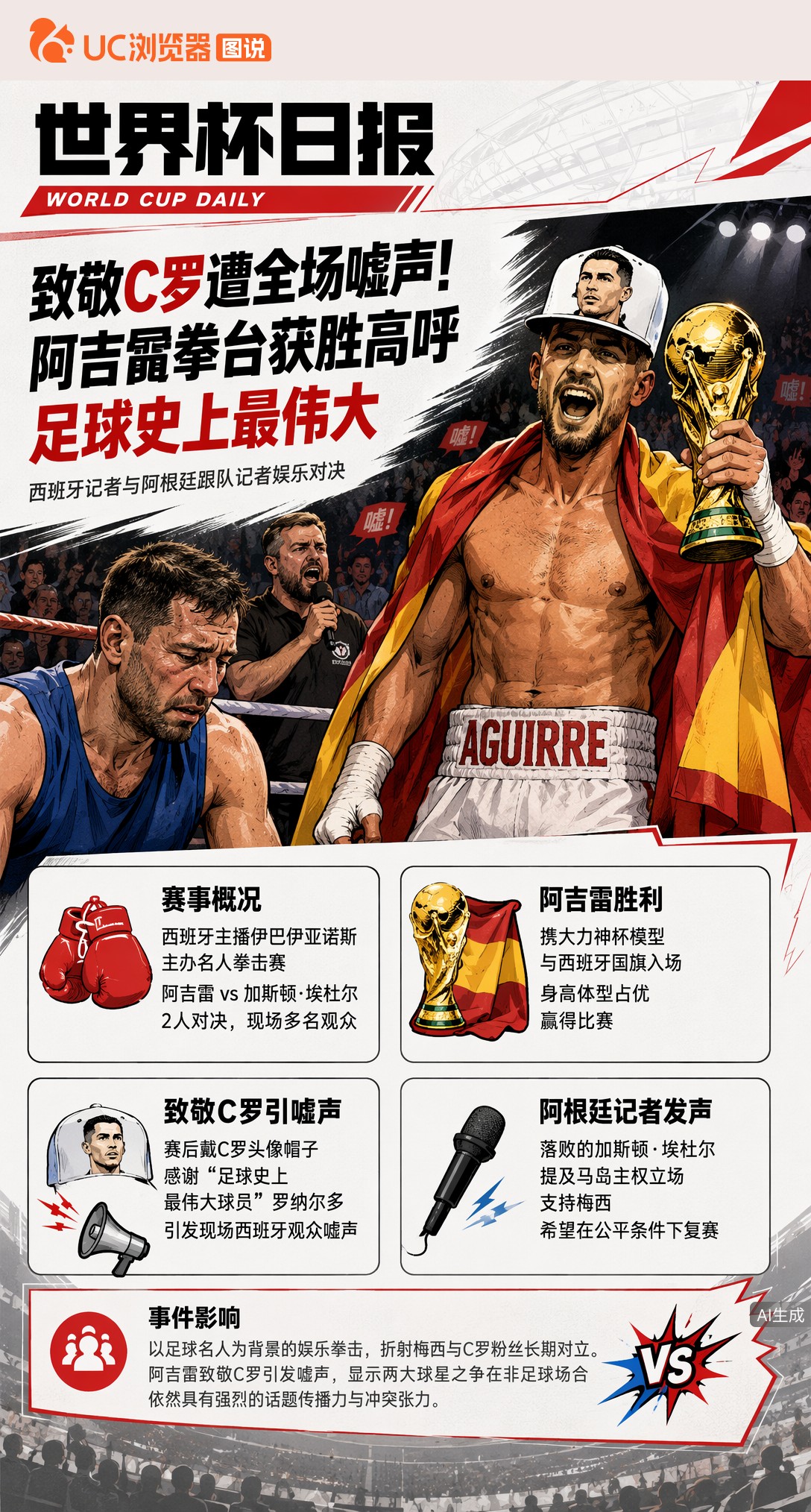 致敬C罗遭全场嘘声！阿吉雷拳台获胜高呼足球史上最伟大
