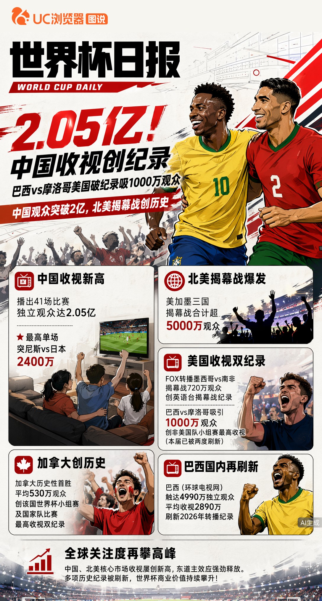 2.05亿！中国收视创纪录，巴西vs摩洛哥美国破纪录吸1000万观众