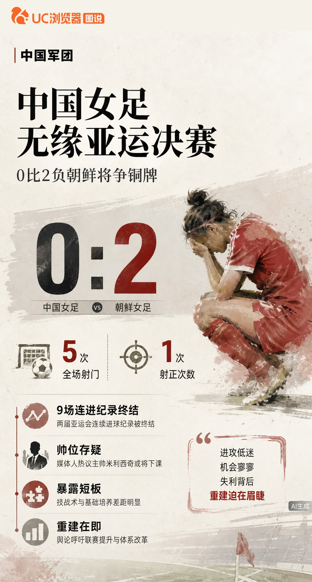0-2负朝鲜无缘亚运决赛，中国女足全场仅5次射门1次射正，两届9场连续进球纪录终结。媒体人热议主帅米利西奇或将下课，铜牌战或成其最后机会。