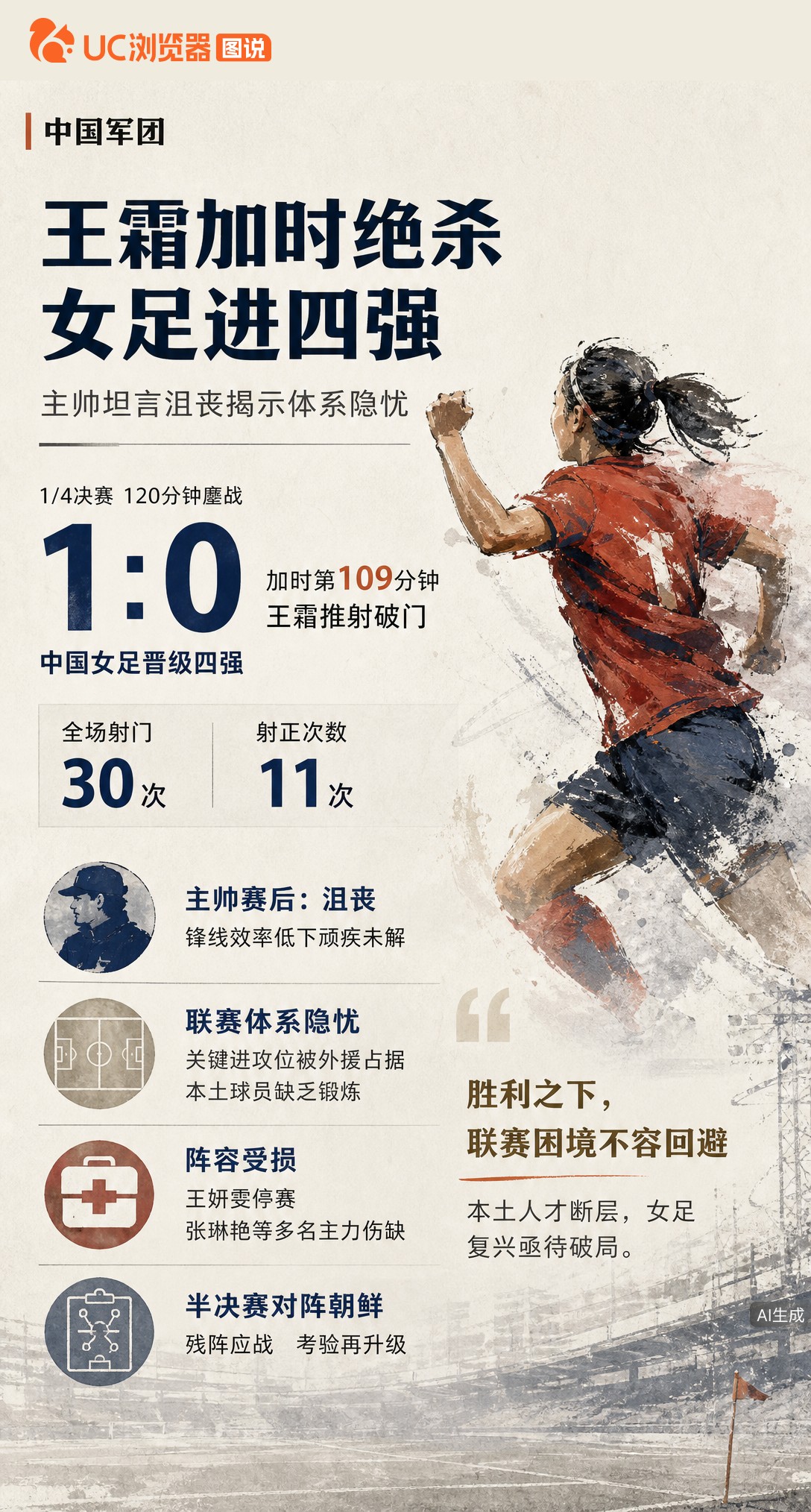 王霜加时绝杀助女足晋级亚运四强，主帅米利西奇却坦言沮丧。全场30脚射门仅进1球，锋线效率低下的顽疾，让这场胜利透着隐忧。