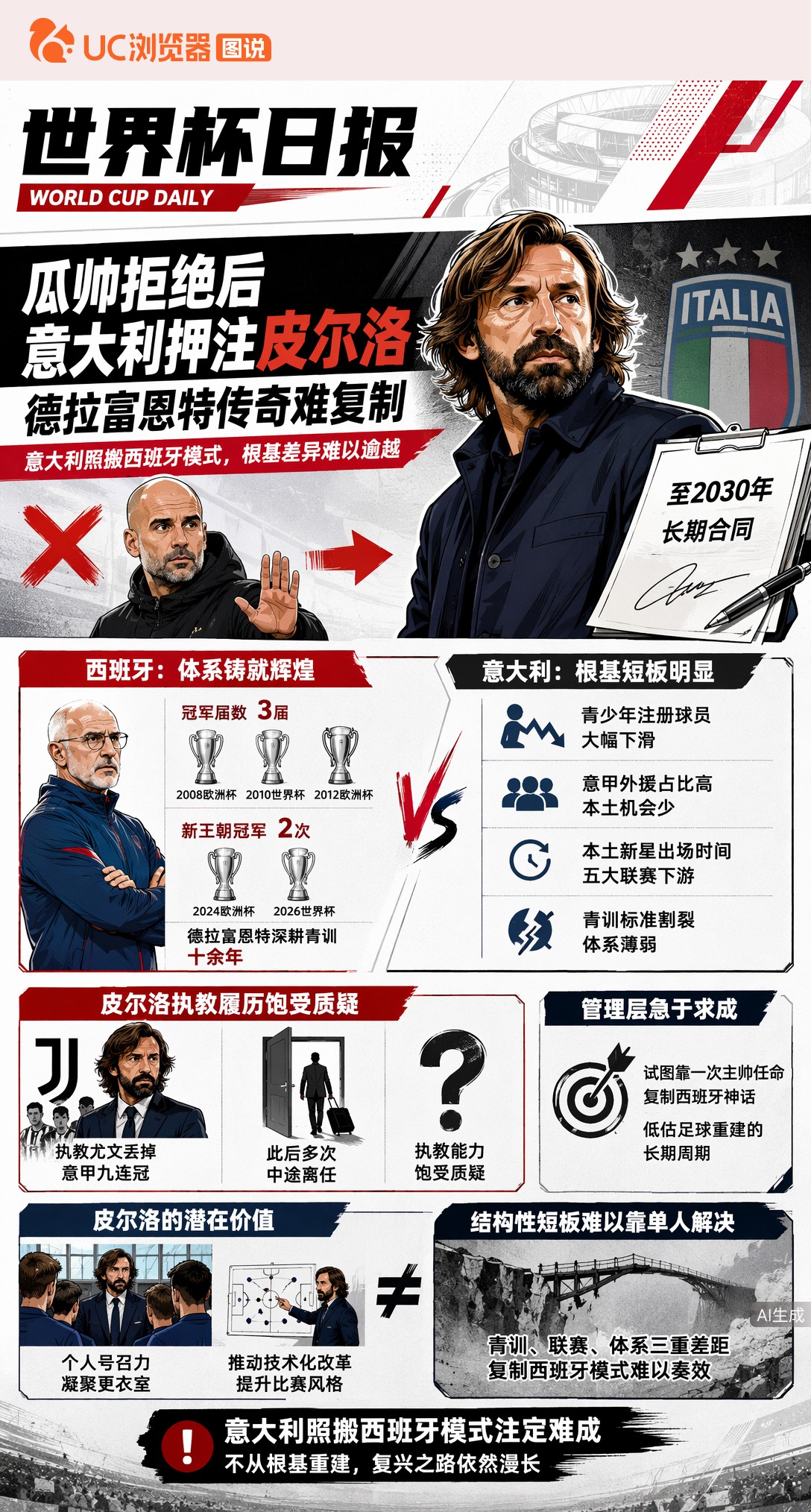 瓜迪奥拉拒绝后意大利押注皮尔洛，德拉富恩特传奇难复制