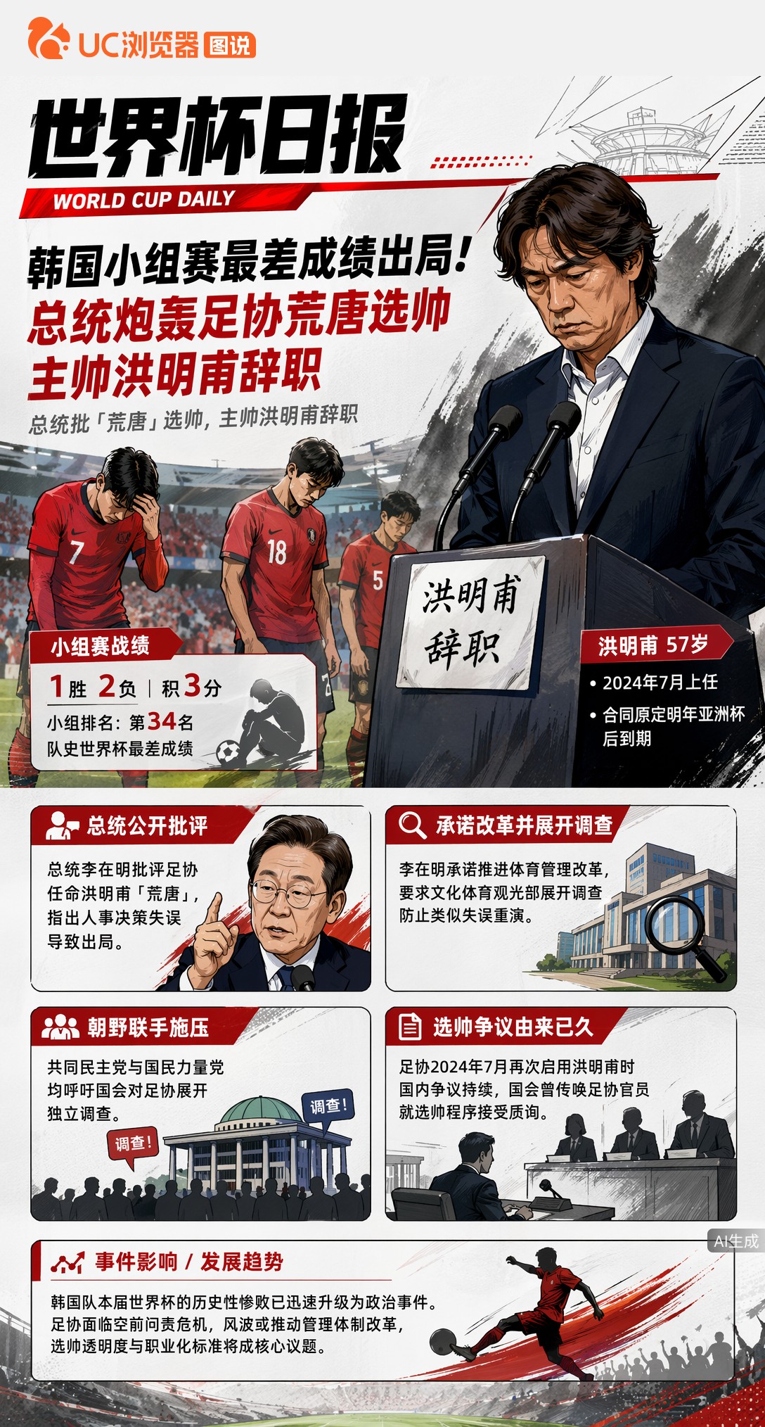 韩国小组赛最差成绩出局！总统炮轰足协荒唐选帅，主帅洪明甫辞职