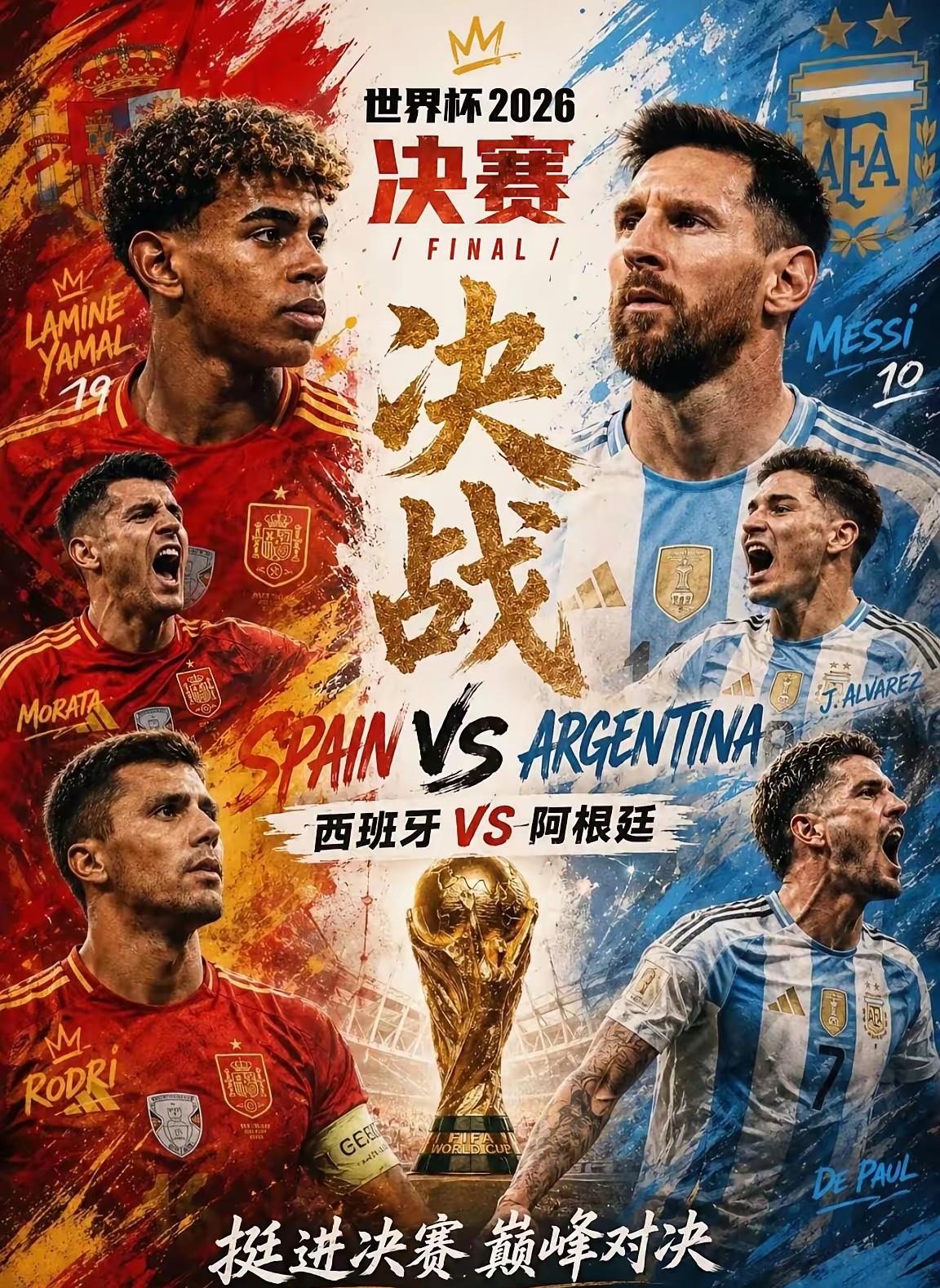 梅西想带领阿根廷卫冕世界杯冠军，基本没希望了，西班牙根本不会给这个机会。
