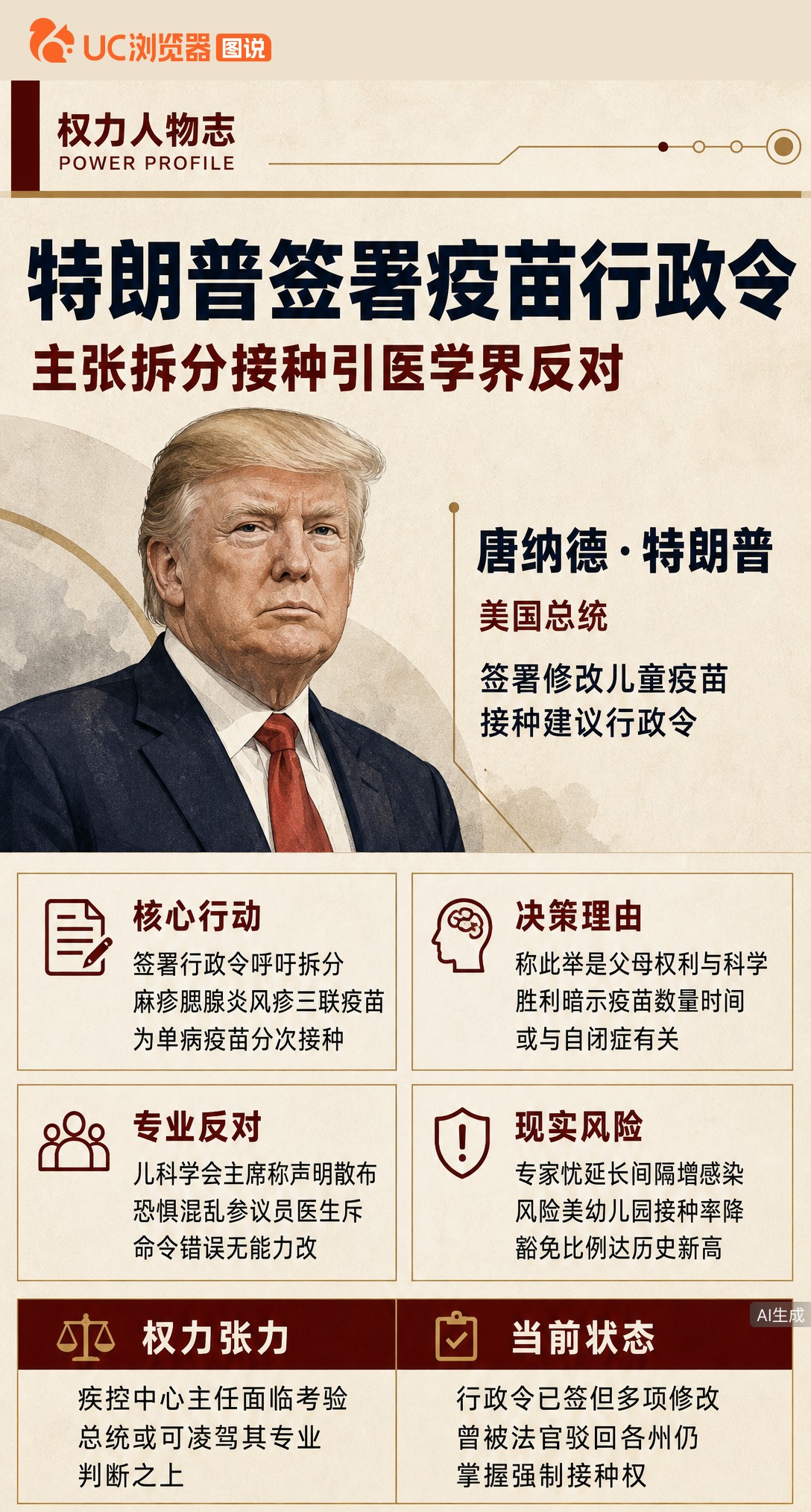 特朗普签令推儿童疫苗分次接种，还暗示与自闭症有关。但这套说法早被科学界证伪，连共和党参议员都公开反驳：总统没能力改科学共识。