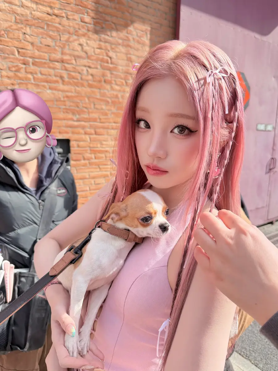 宋雨琦抱可爱小狗互动超有爱！粉发造型似甜美芭比
