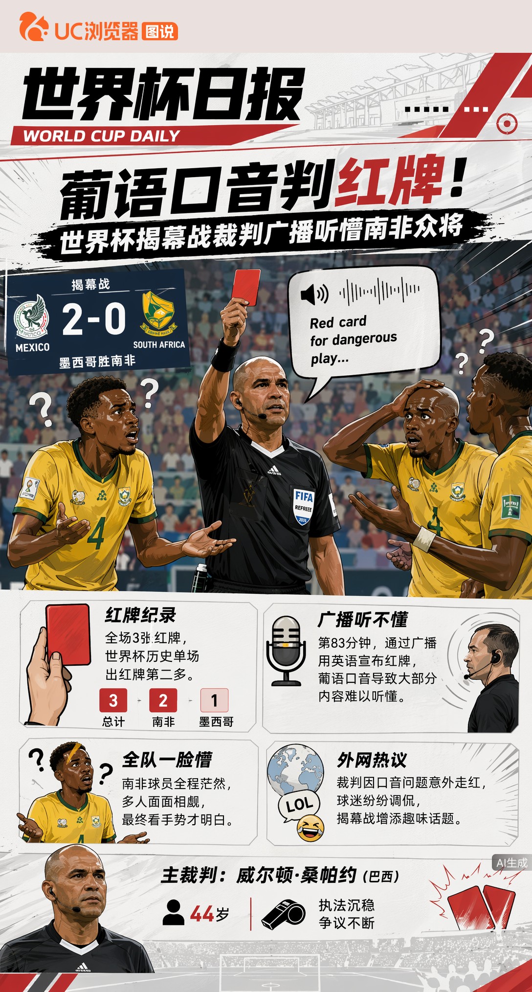 葡语口音判红牌！世界杯揭幕战裁判广播听懵南非众将