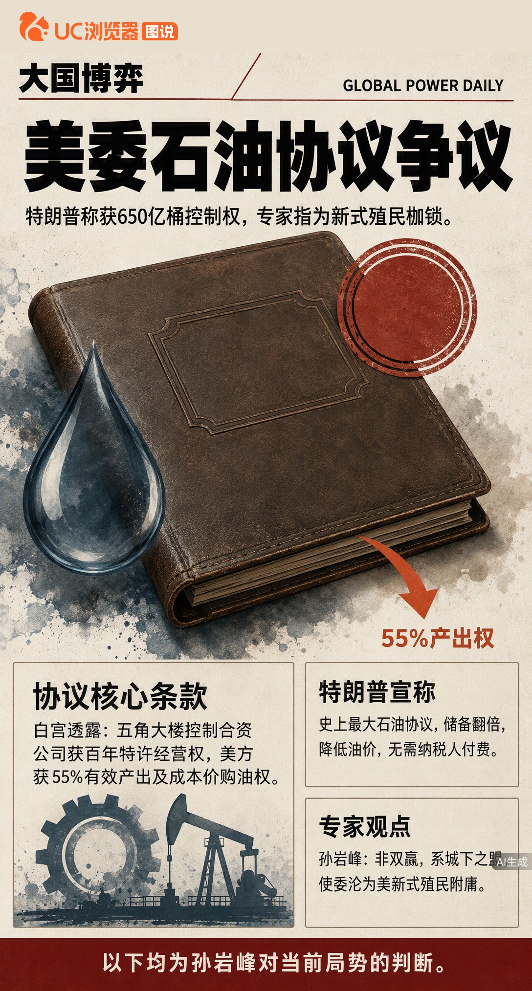 特朗普宣称拿下委内瑞拉650亿桶石油多数控制权，白宫官员透露美企获百年特许经营权。但专家直言这是城下之盟，美方借协议锁住委财政命脉，所谓双赢实为新式殖民枷锁。