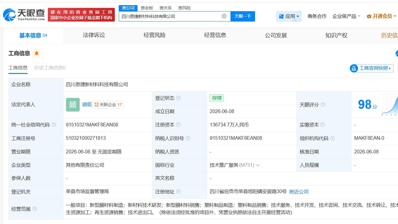 恩捷股份等在四川成立新材料科技公司，注册资本约13.7亿