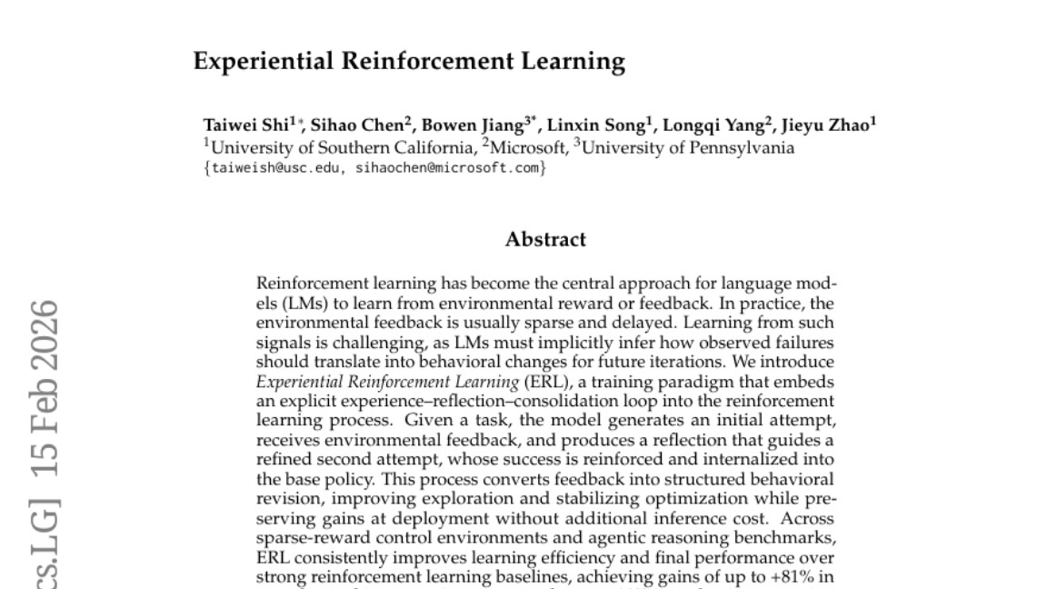 AI代理学会"思考然后改进": 南加州大学提出体验式强化学习新方法