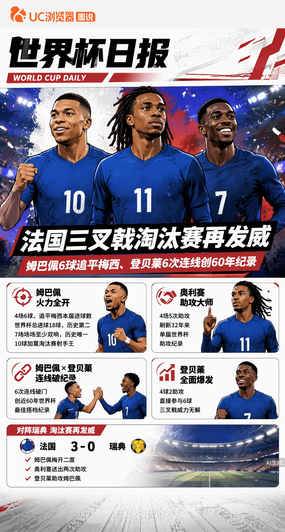 姆巴佩6球追平梅西、登贝莱6次连线创60年纪录，法国三叉戟淘汰赛再发威