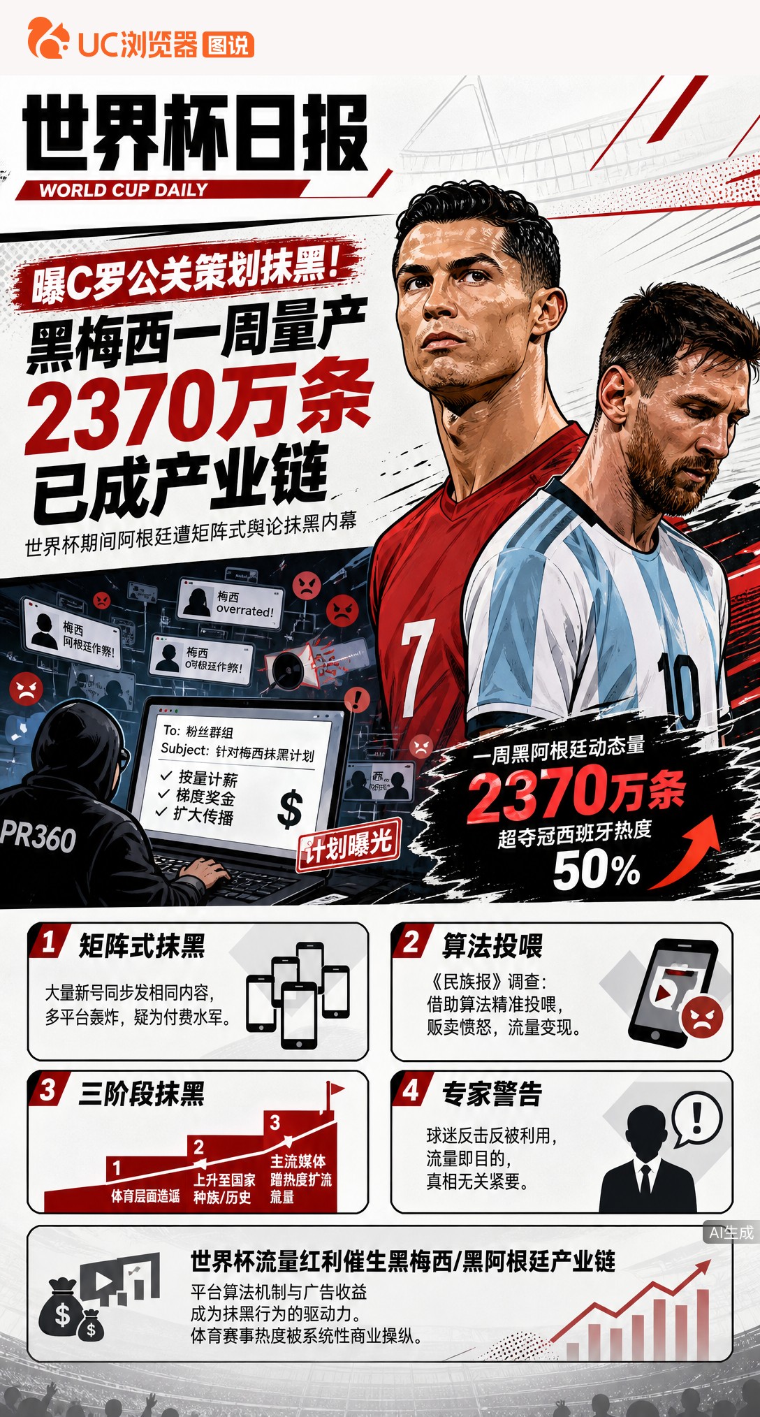 曝C罗公关策划抹黑！黑梅西一周量产2370万条已成产业链