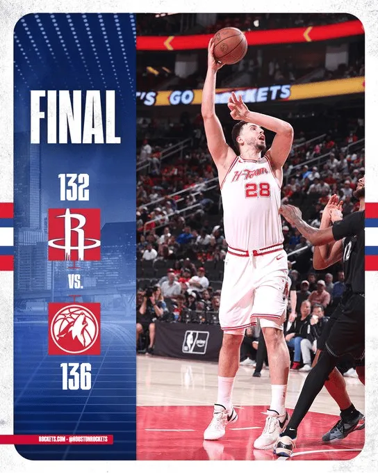 NBA常规赛，火箭以132-136不敌森林狼。

本场比赛过后，火箭八连胜遭到终