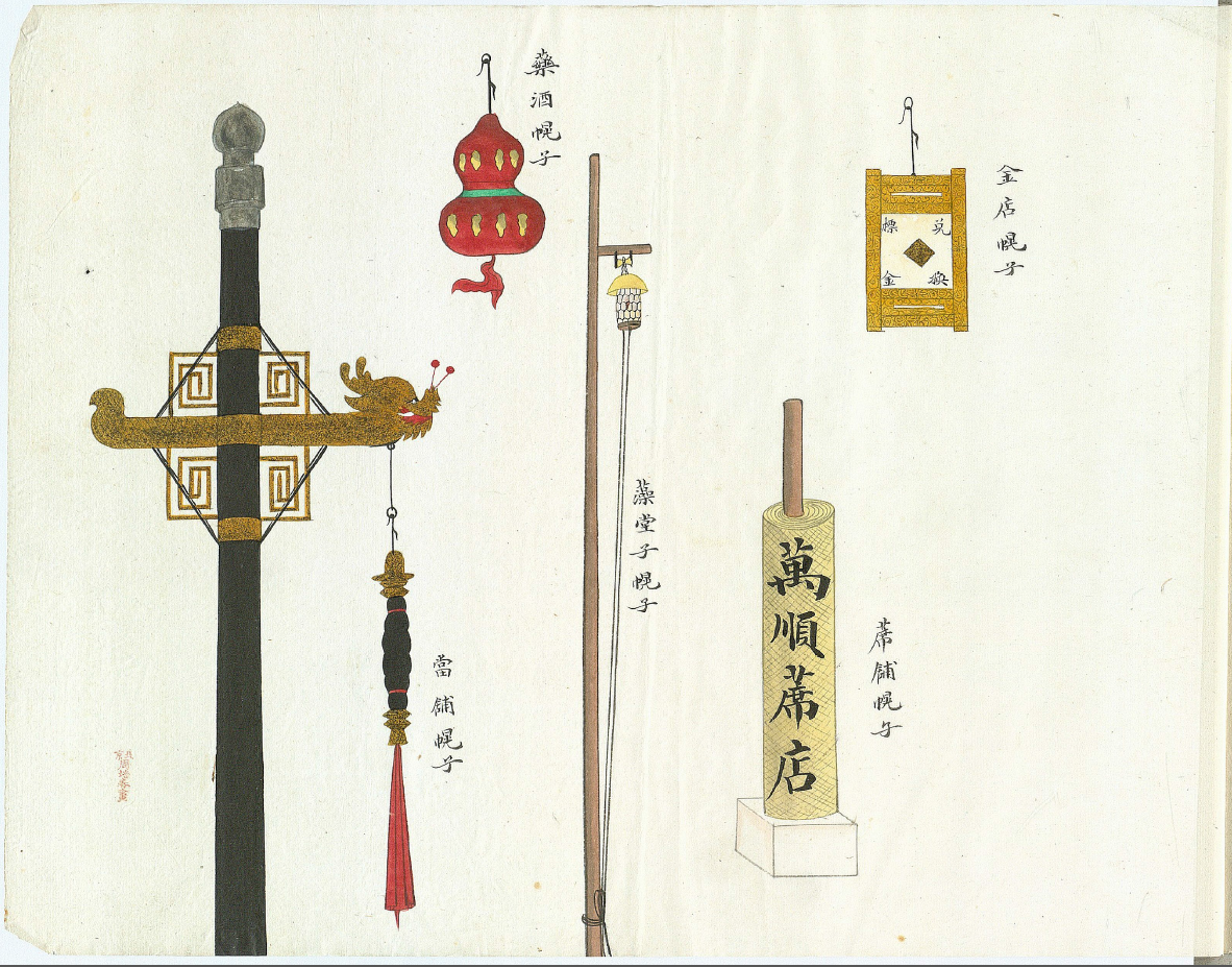 清末京城店铺幌子图 。幌子，是中国的一种传统商业习俗。 