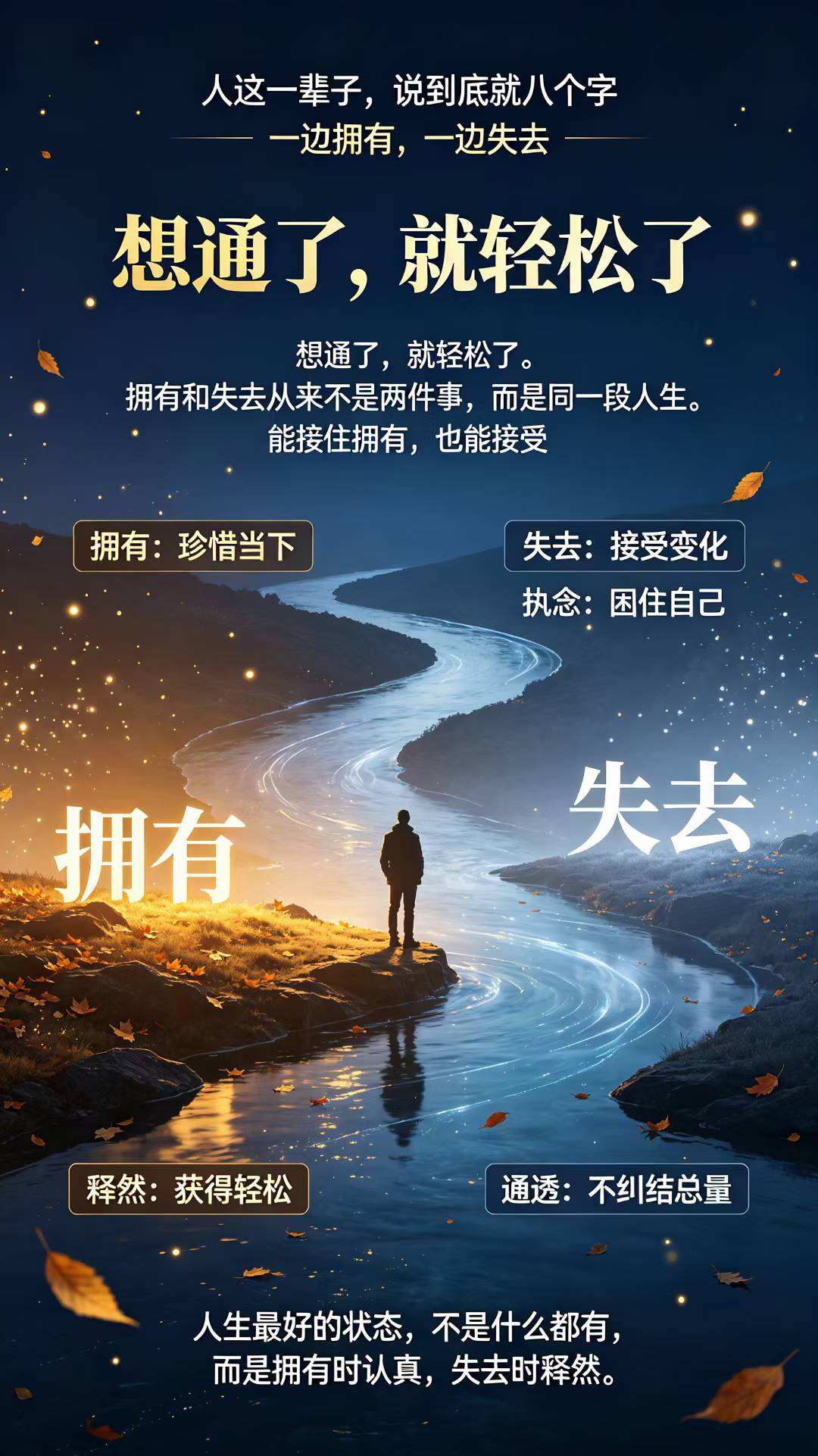 拥有的时候好好珍惜，别身在福中不知福。失去的时候坦然一点，别抓着不放折磨自己。该