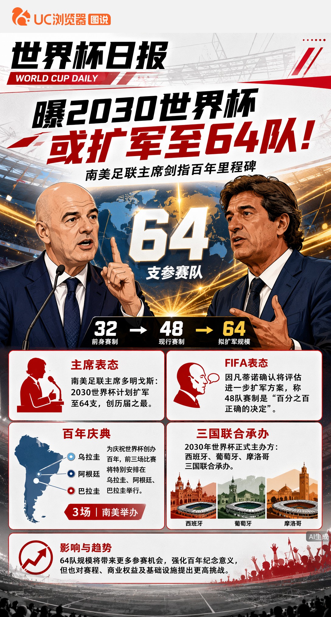 曝2030世界杯或扩军至64队！南美足联主席剑指百年里程碑
