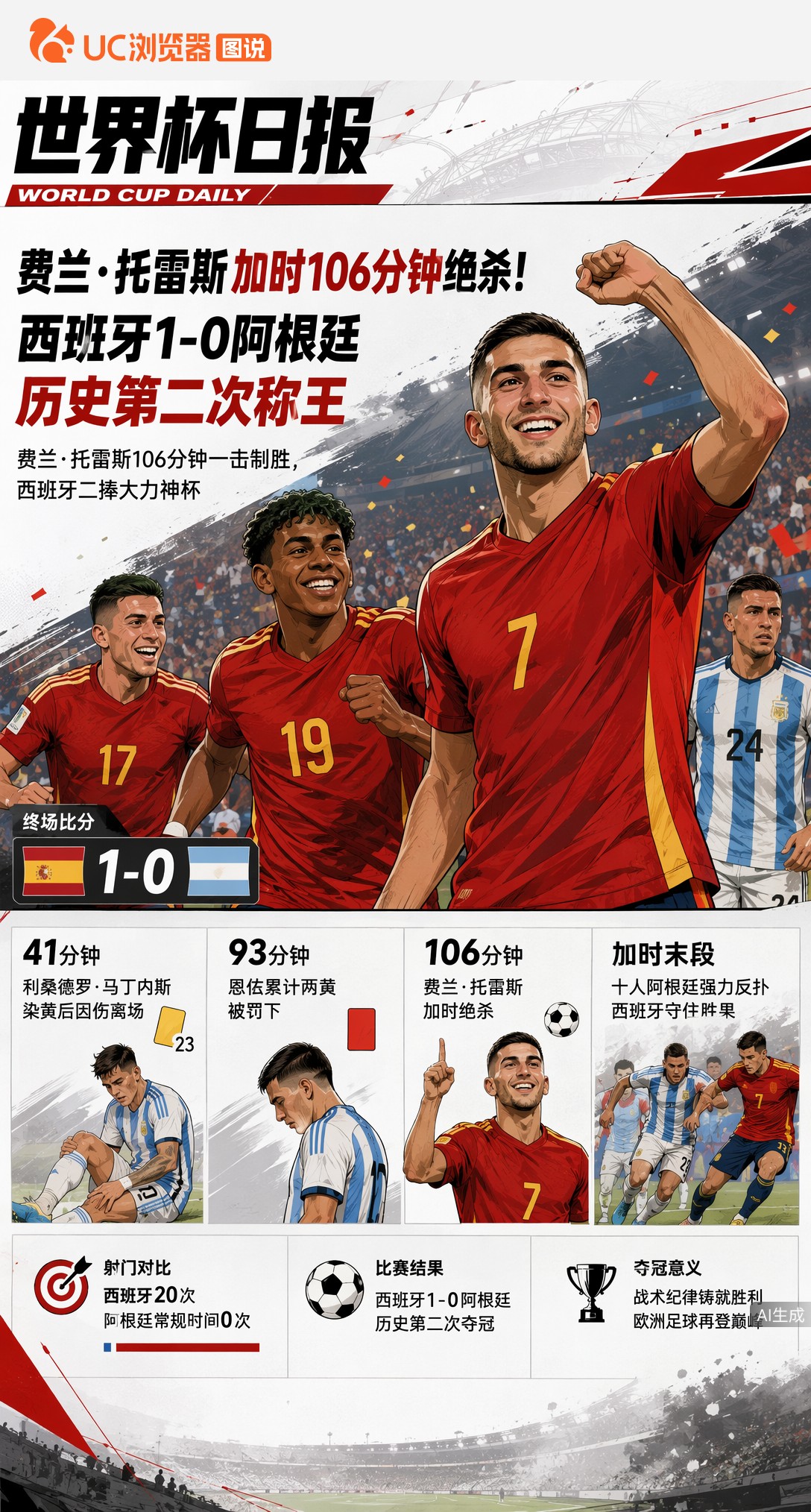 费兰·托雷斯加时106分钟绝杀！西班牙1-0阿根廷历史第二次称王