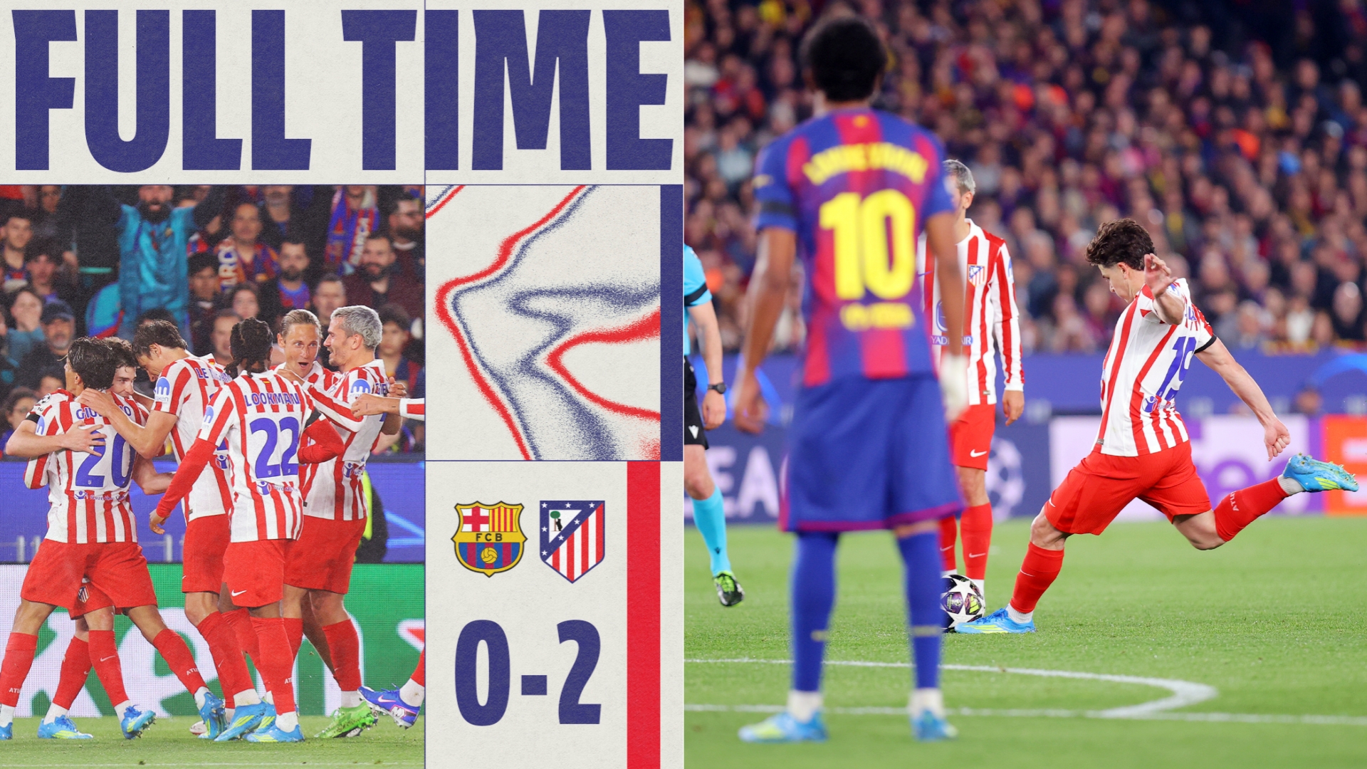 欧冠：马德里竞技客场2-0击败十人巴萨，占据晋级先机。
库巴西直红，阿尔瓦雷斯任