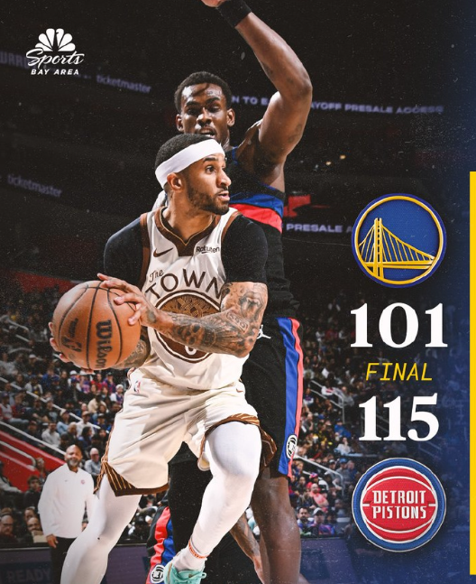 活塞115-101战胜勇士，波尔津吉斯伤退，活塞方面杜伦23分6板1助、詹金斯2