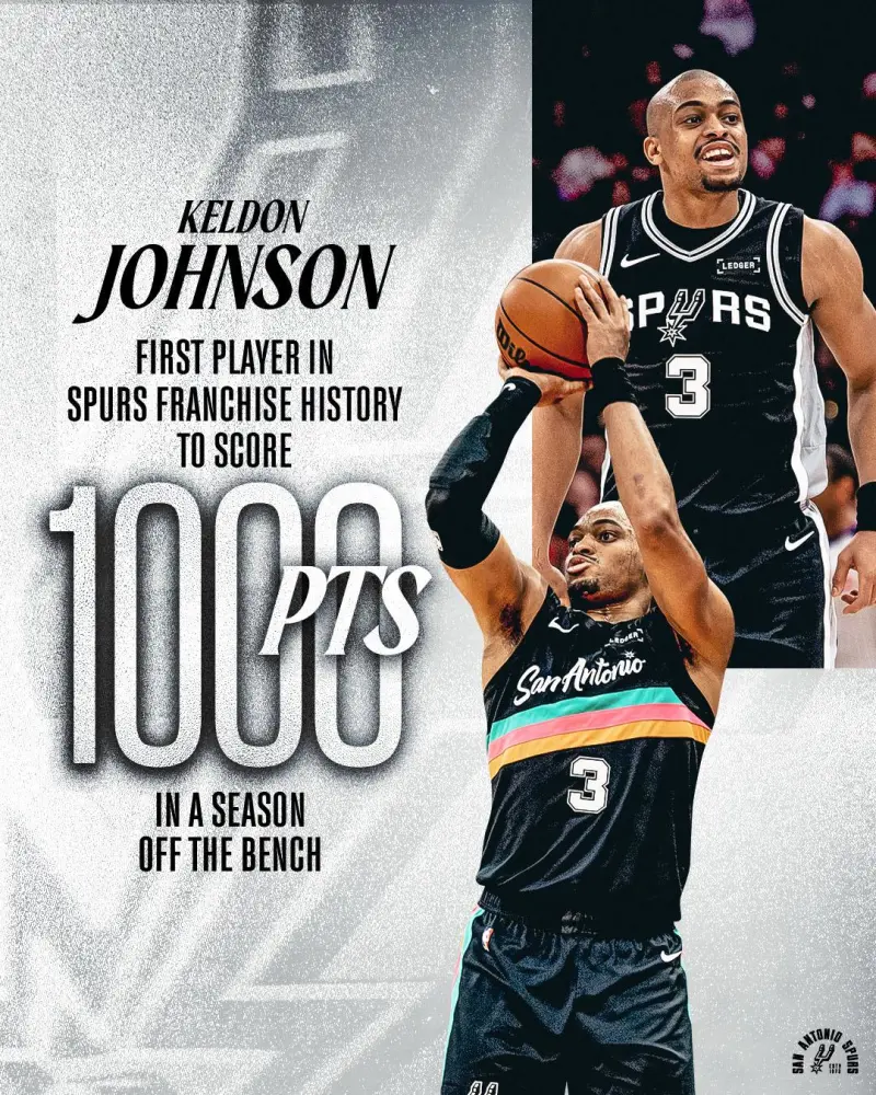 马刺官方更新社媒分享凯尔登-约翰逊的个人数据记录：

“约翰逊是马刺队史上首位单