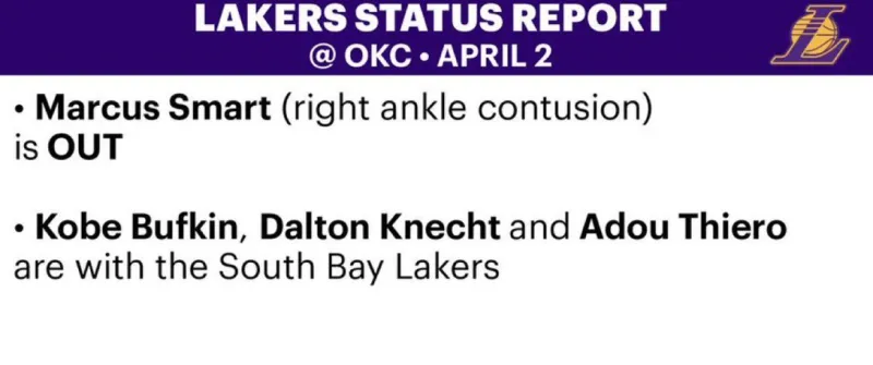  明日NBA常规赛，湖人将对阵雷霆。

湖人官方更新了伤病报告：

马库斯-斯马