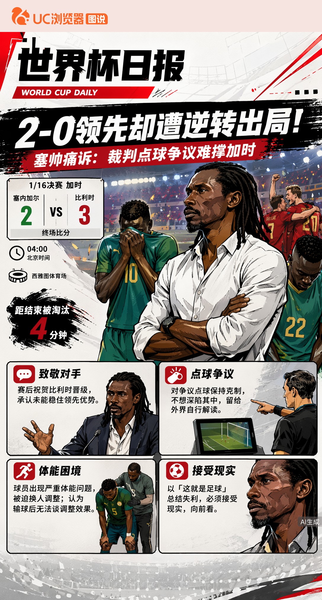 2-0领先却遭逆转出局！塞内加尔帅痛诉：裁判点球争议难撑加时