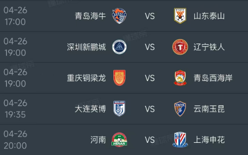 北京时间4月26日，今日的中超第8轮继续进行，一共安排了5场比赛：
第一场17：