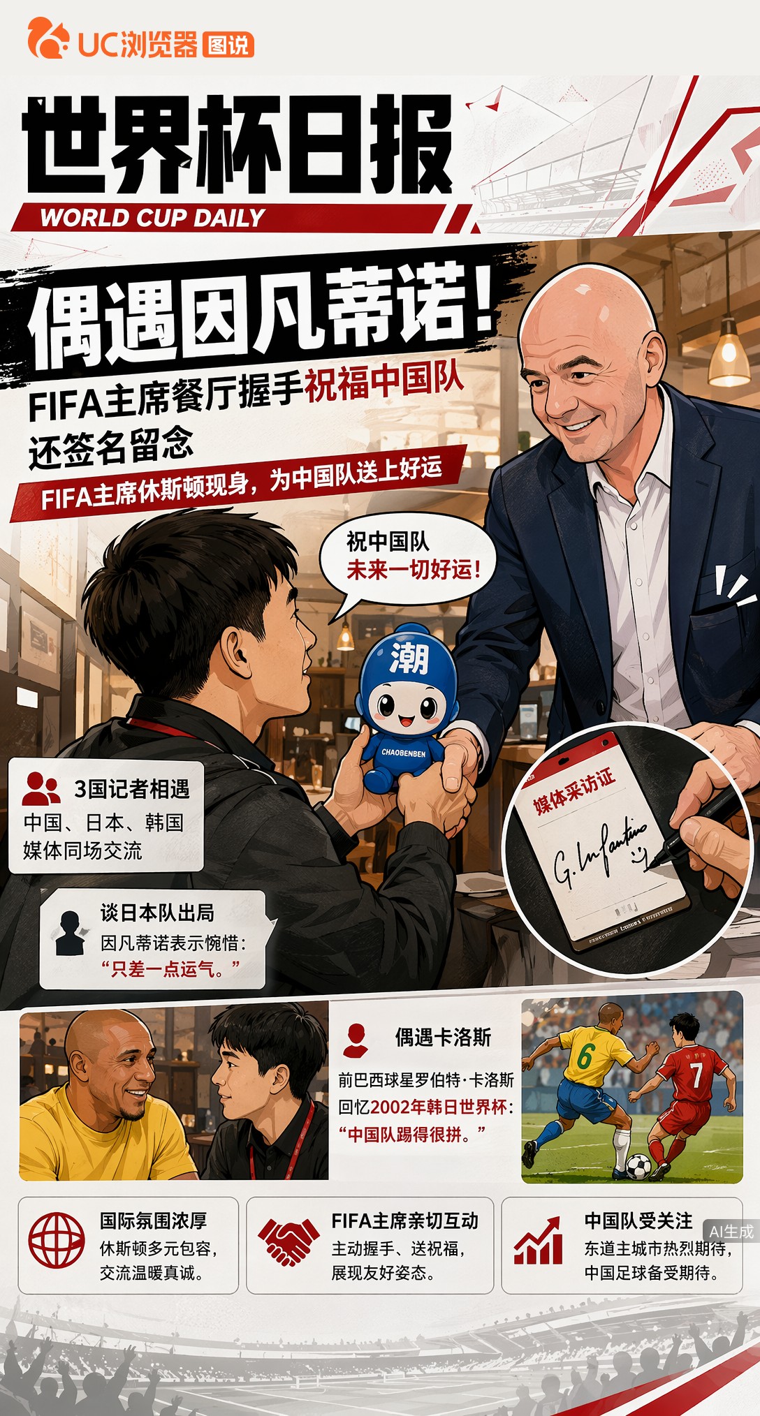 偶遇因凡蒂诺！FIFA主席餐厅握手祝福中国队，还签名留念
