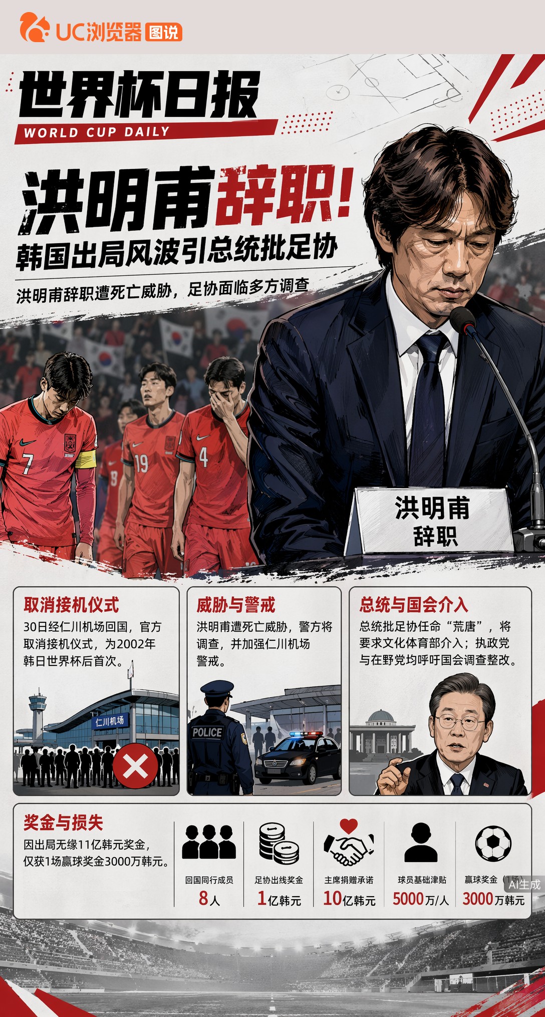洪明甫辞职、回国仪式取消！韩国出局风波引总统下场批足协