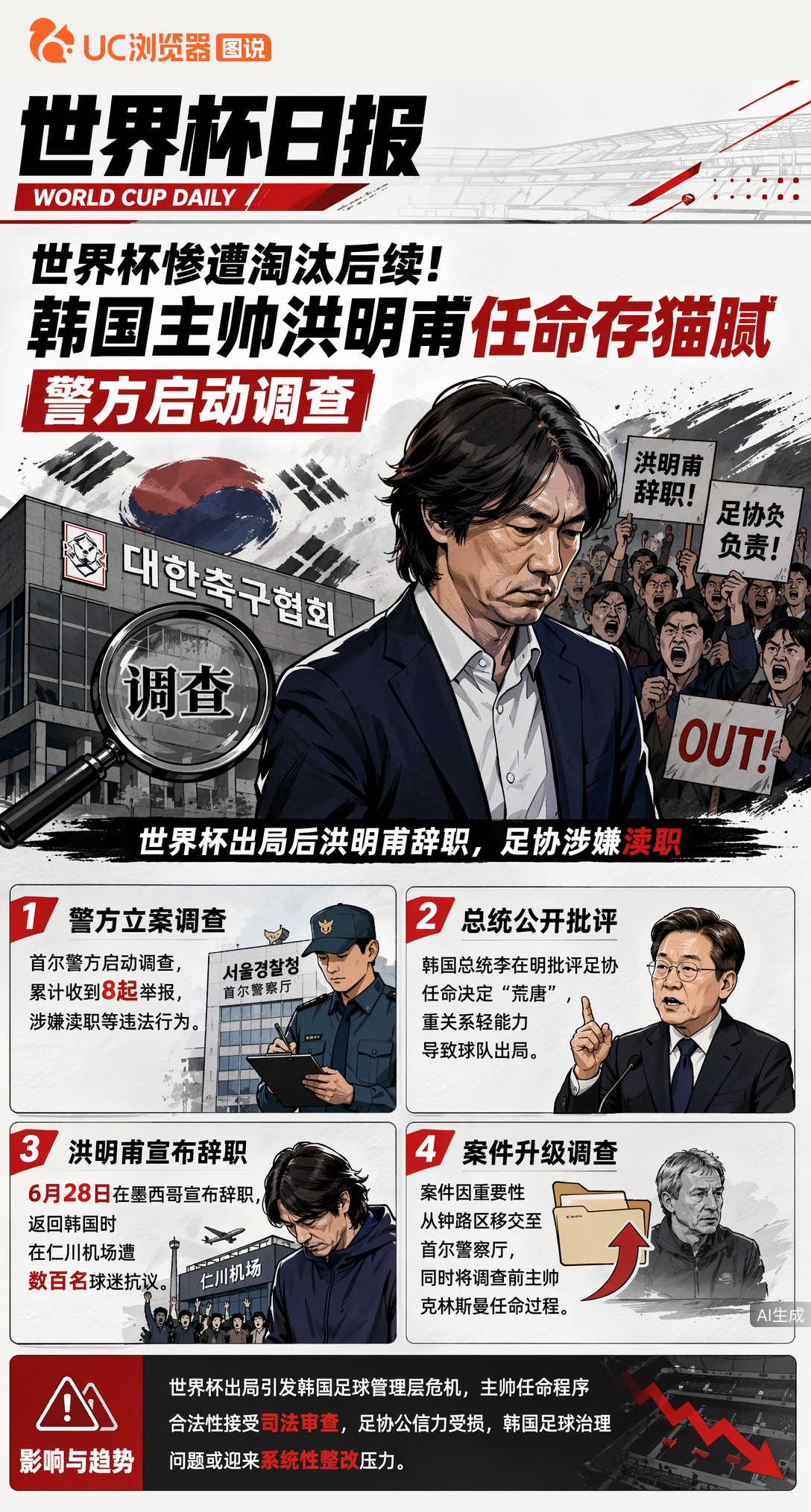 世界杯惨遭淘汰后续！韩国主帅洪明甫任命存猫腻，警方启动调查