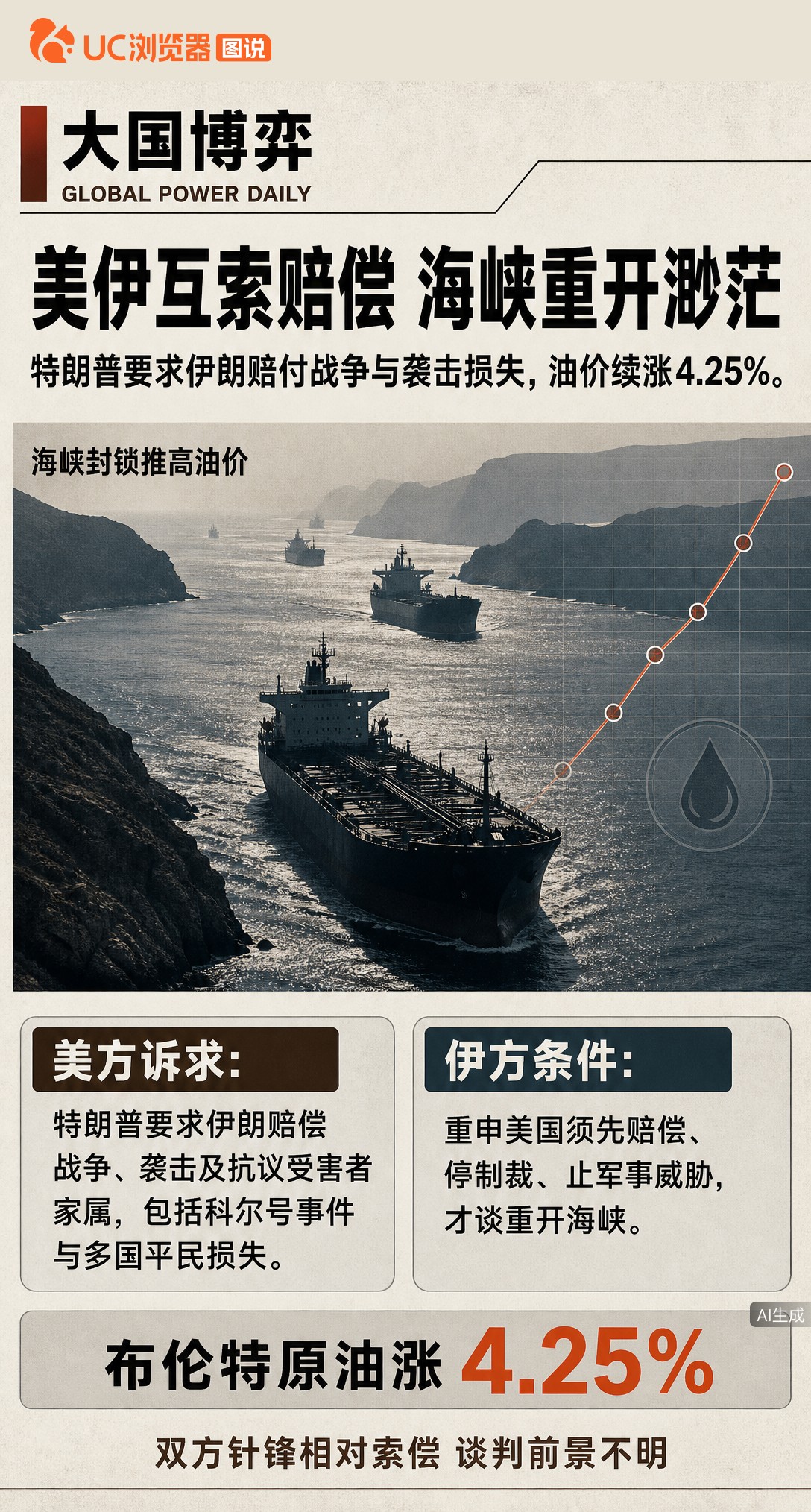 特朗普突然要求伊朗赔偿战争与袭击受害者，还把科尔号事件算进去。美伊互相索赔，霍尔木兹海峡重开希望更渺茫，油价应声涨超4%。